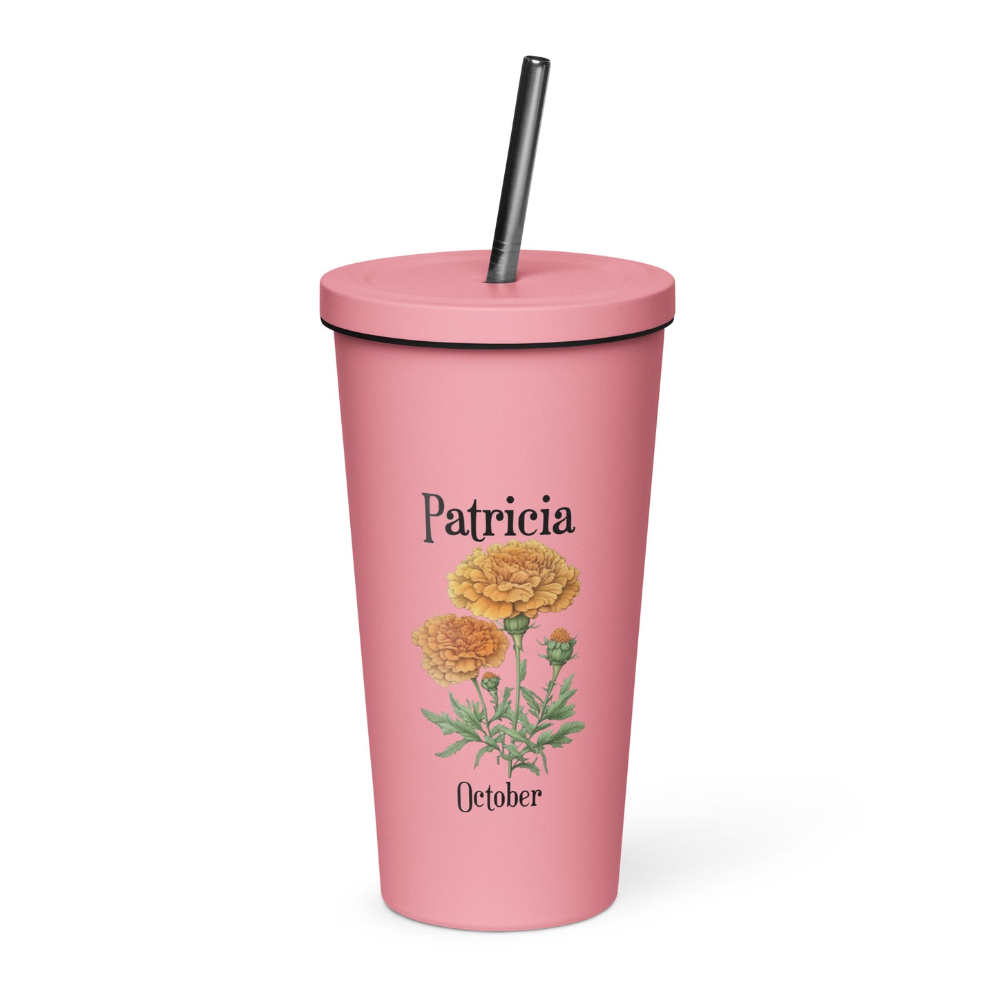 Personalized Name and Birth Month Flower Insulated Tumbler With Straw