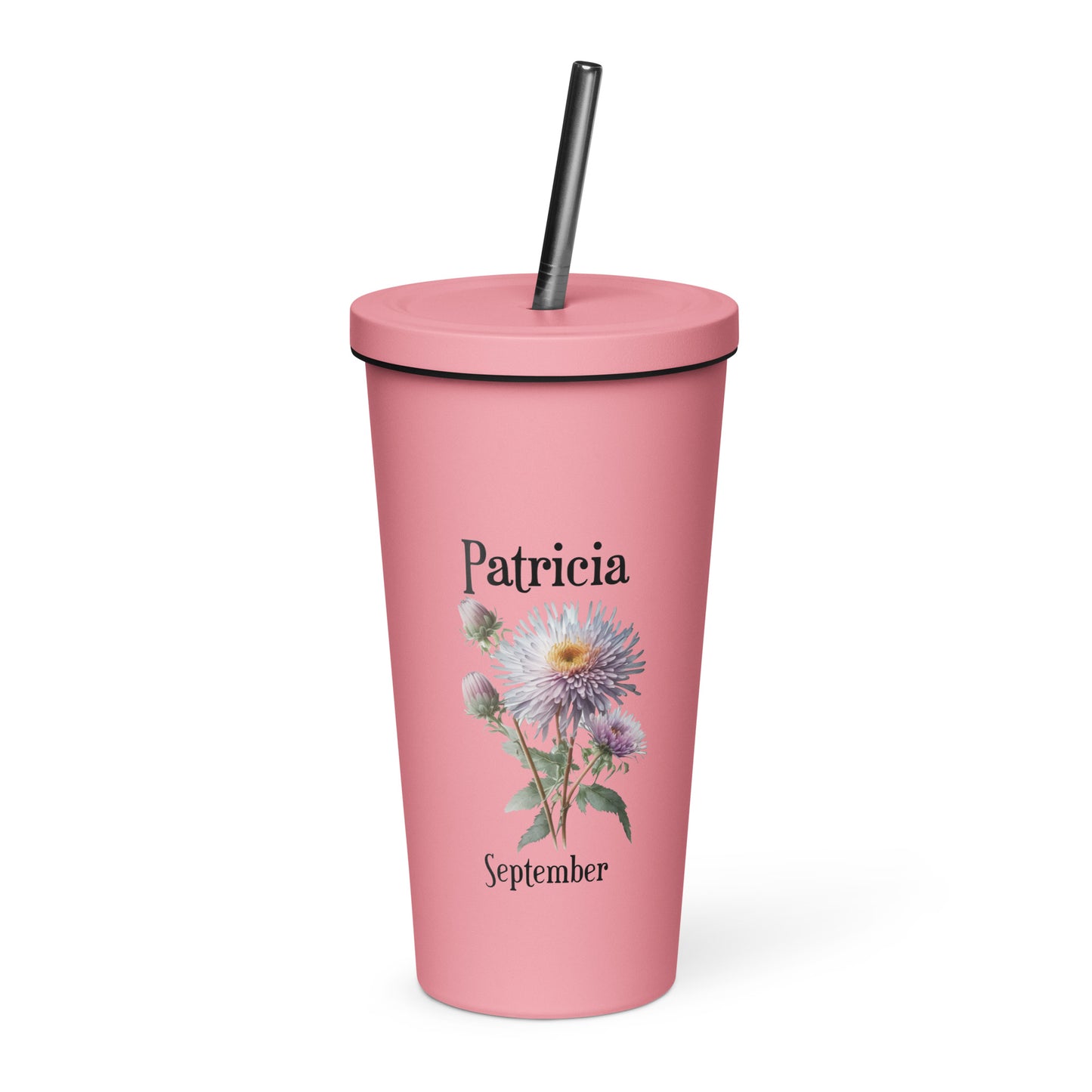 Personalized Name and Birth Month Flower Insulated Tumbler With Straw