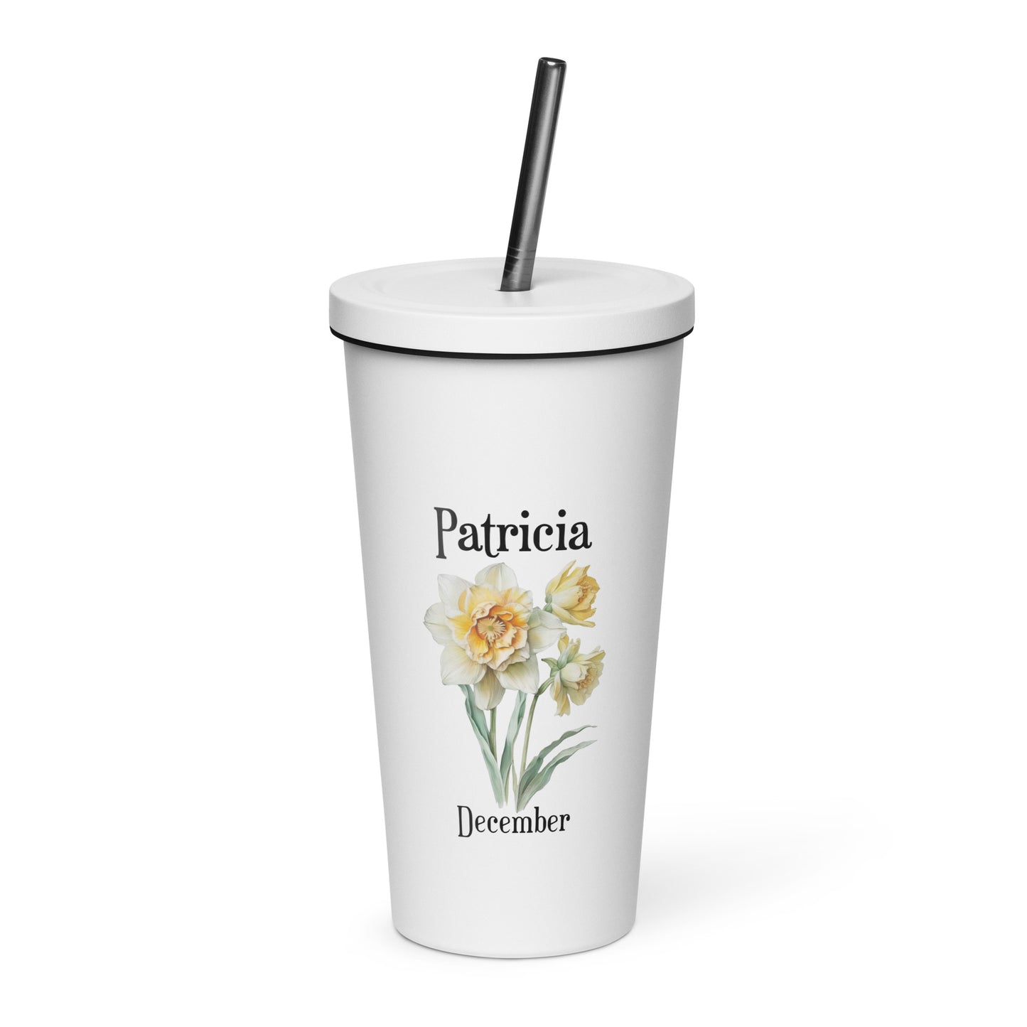 Personalized Name and Birth Month Flower Insulated Tumbler With Straw