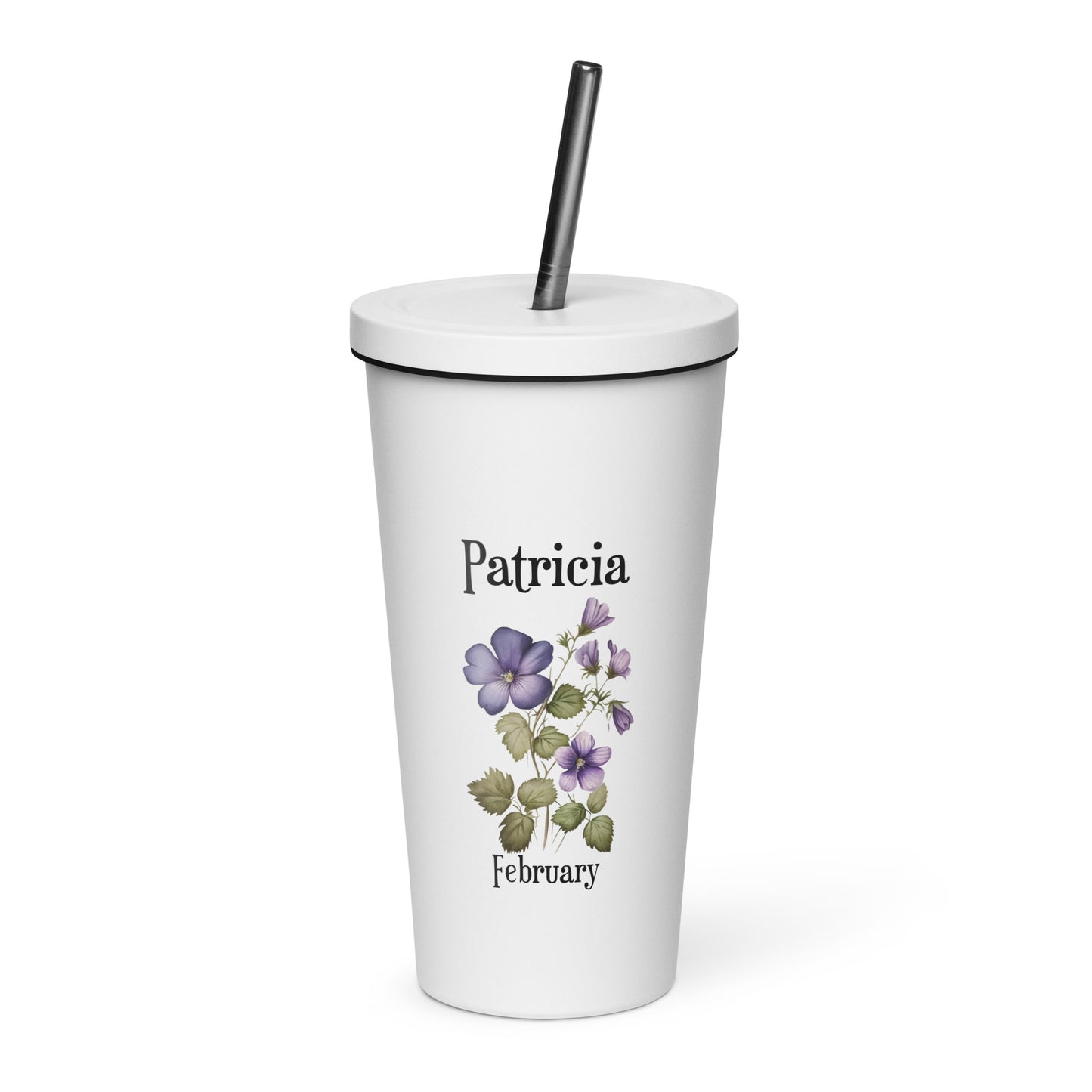 Personalized Name and Birth Month Flower Insulated Tumbler With Straw