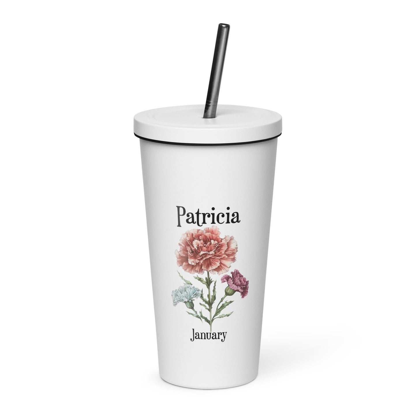 Personalized Name and Birth Month Flower Insulated Tumbler With Straw