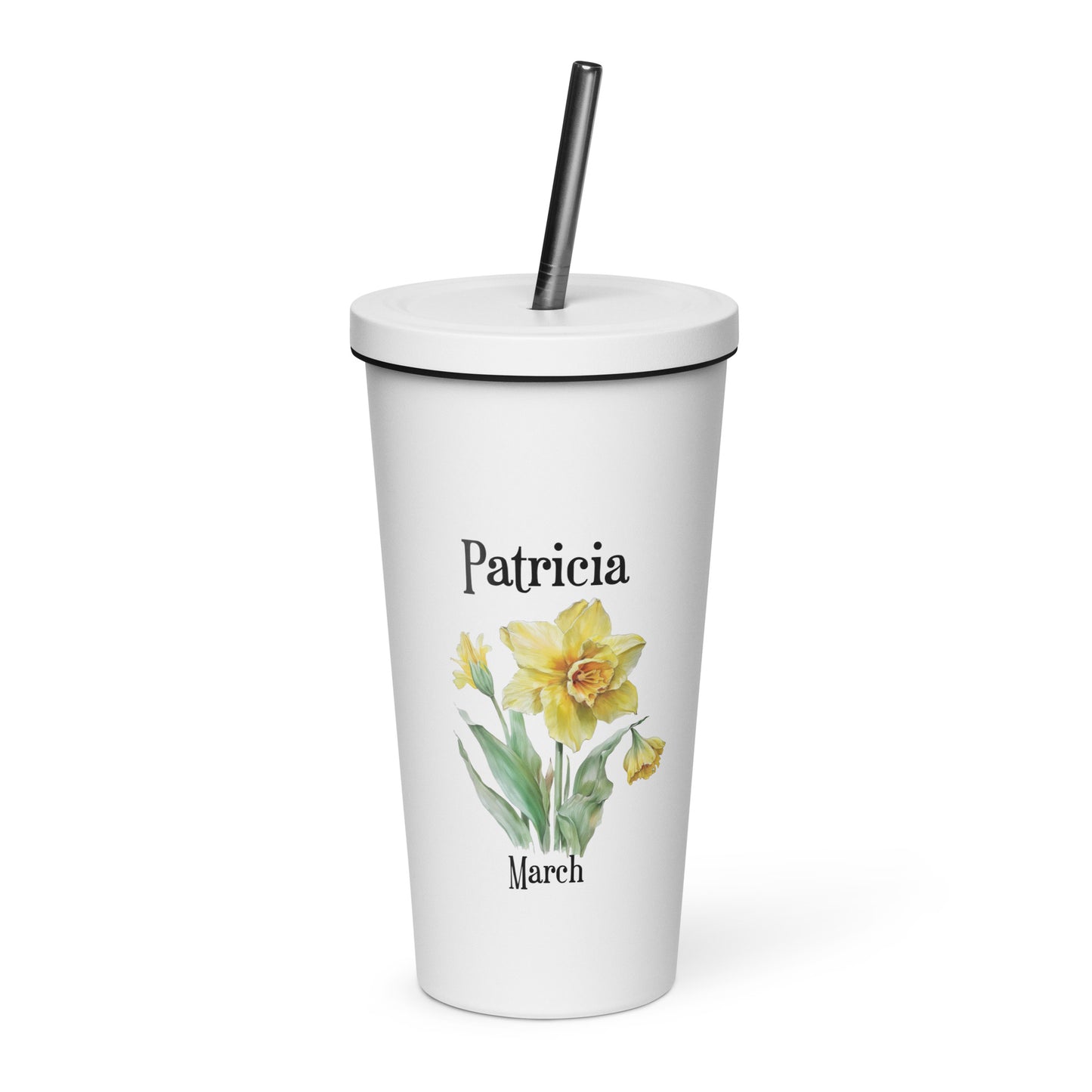 Personalized Name and Birth Month Flower Insulated Tumbler With Straw