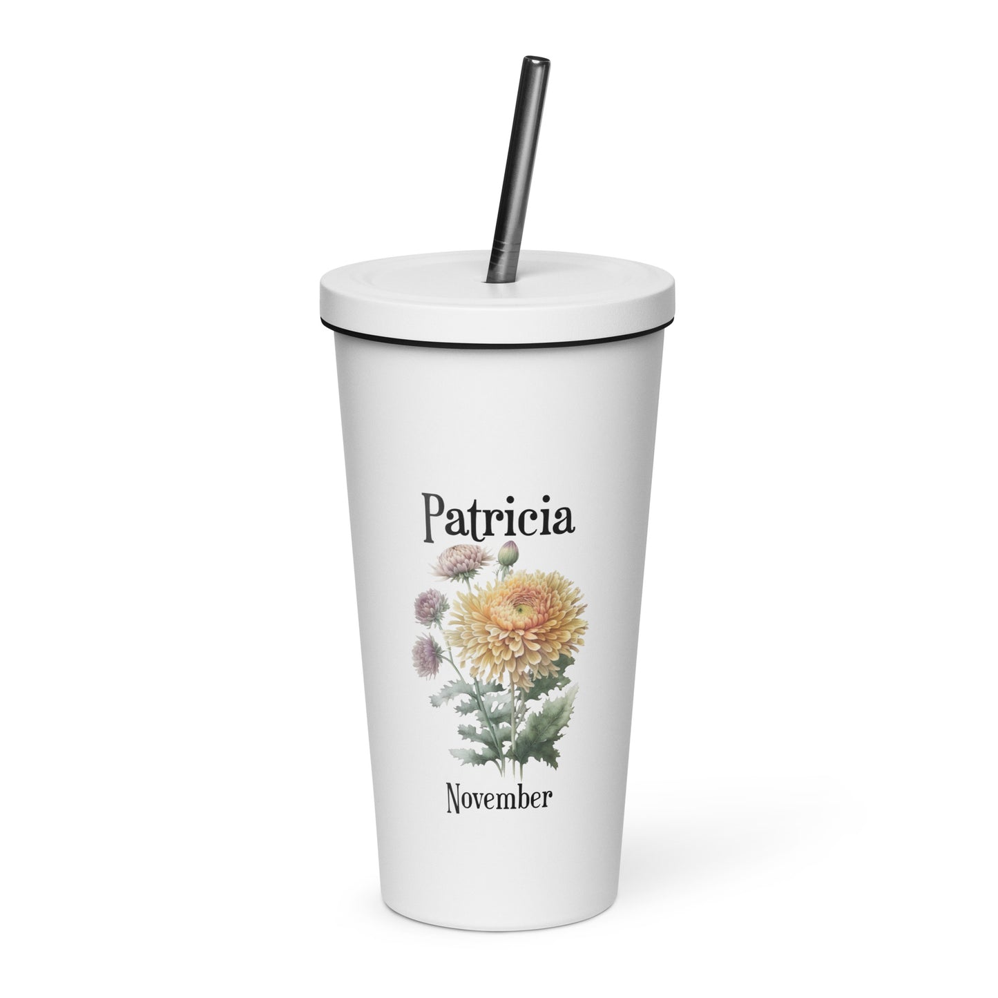Personalized Name and Birth Month Flower Insulated Tumbler With Straw