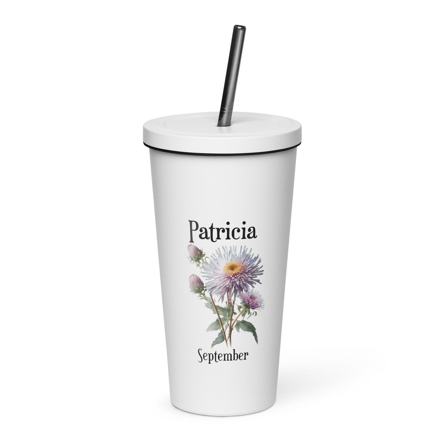 Personalized Name and Birth Month Flower Insulated Tumbler With Straw