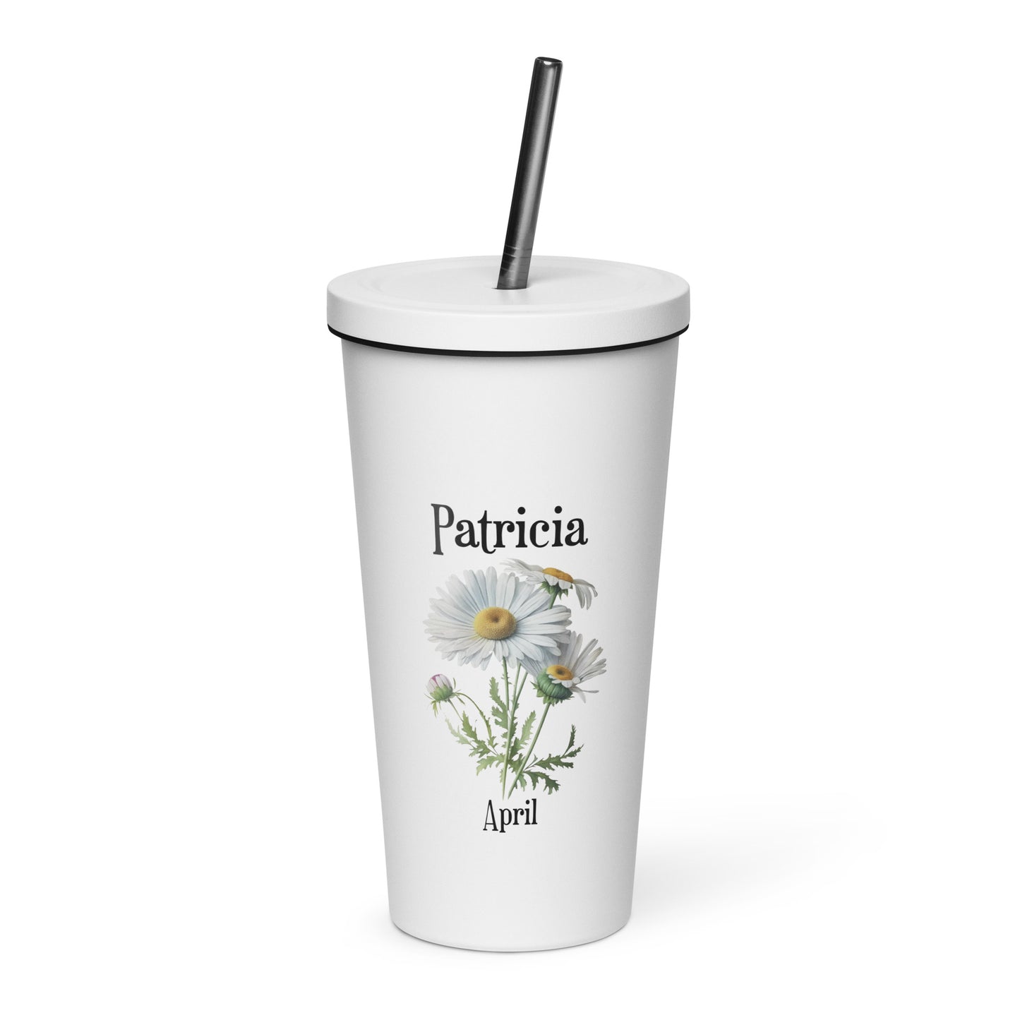 Personalized Name and Birth Month Flower Insulated Tumbler With Straw