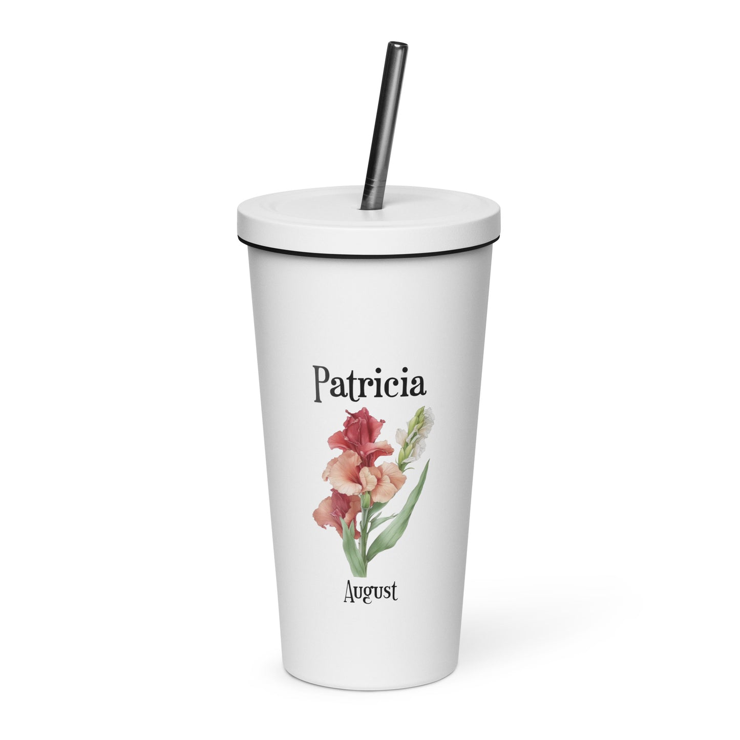 Personalized Name and Birth Month Flower Insulated Tumbler With Straw