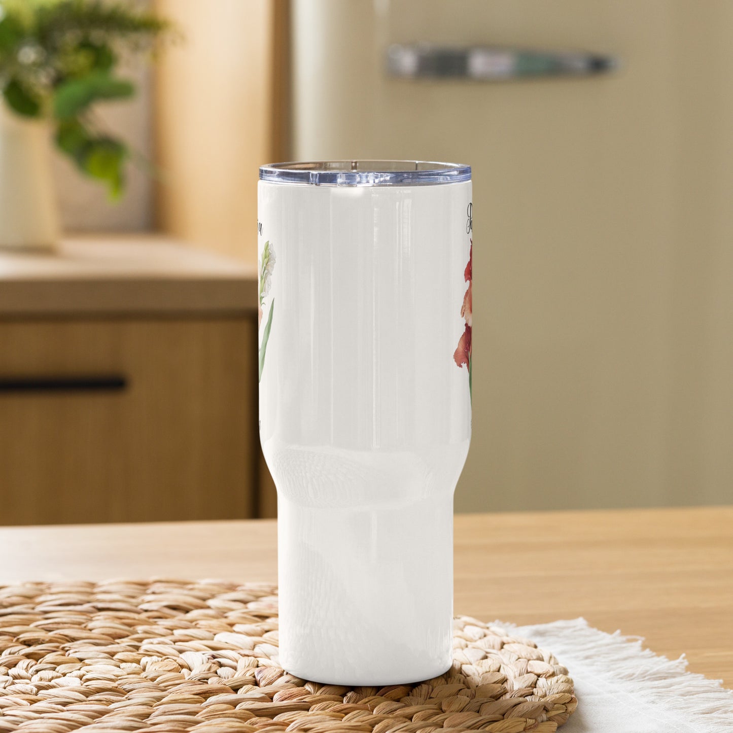 Personalized Name and Birth Month Flower Travel mug with a handle