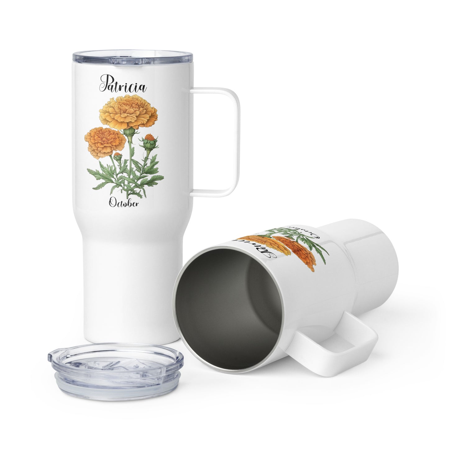 Personalized Name and Birth Month Flower Travel mug with a handle