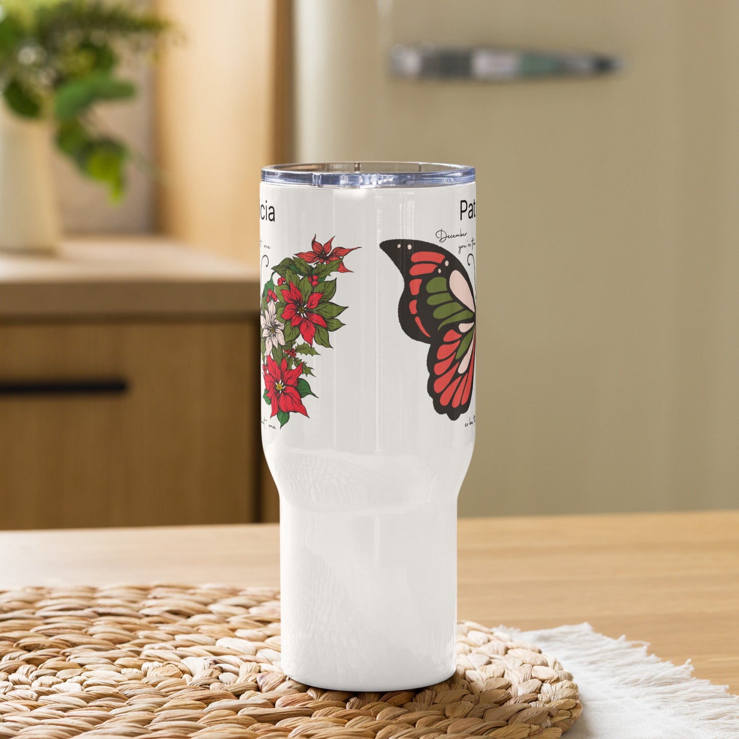 Personalized Name and Birth Month Flowering Butterfly Travel Mug with Handle