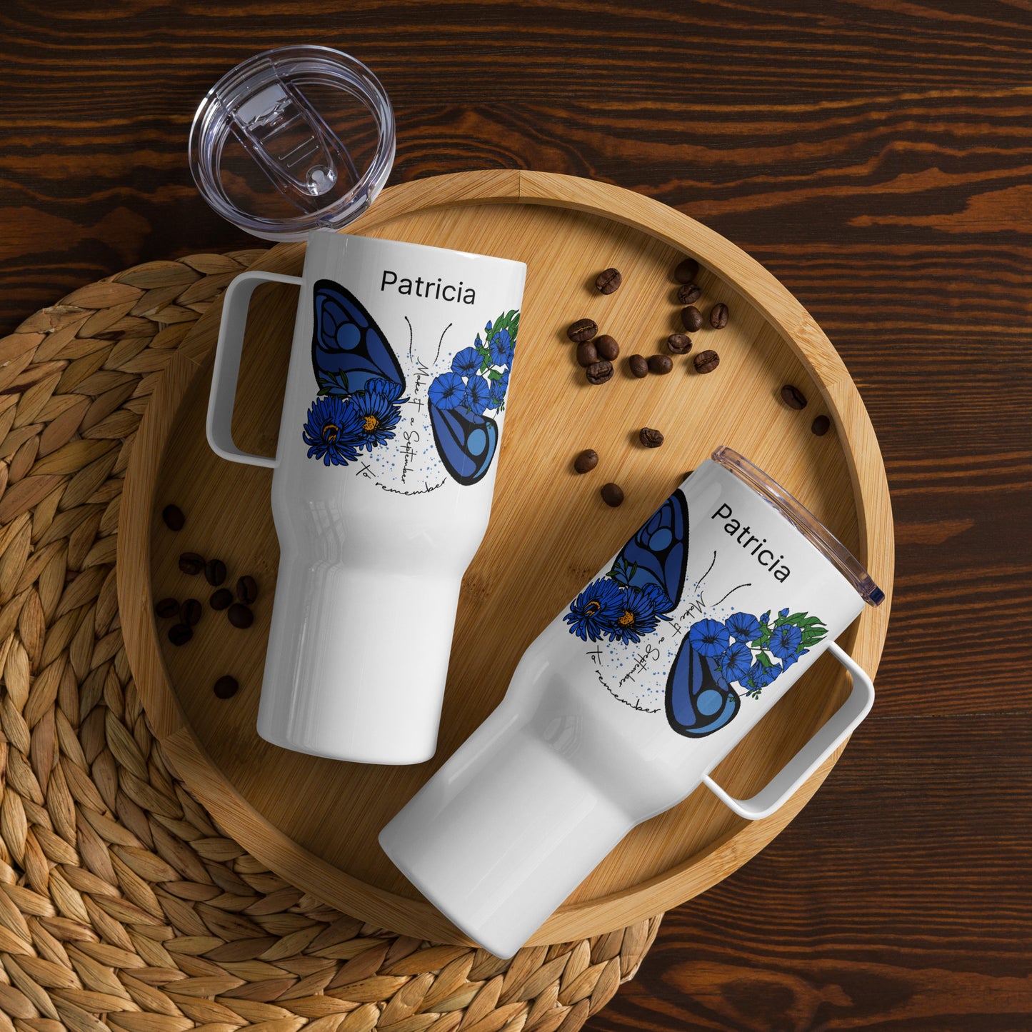 Personalized Name and Birth Month Flowering Butterfly Travel Mug with Handle