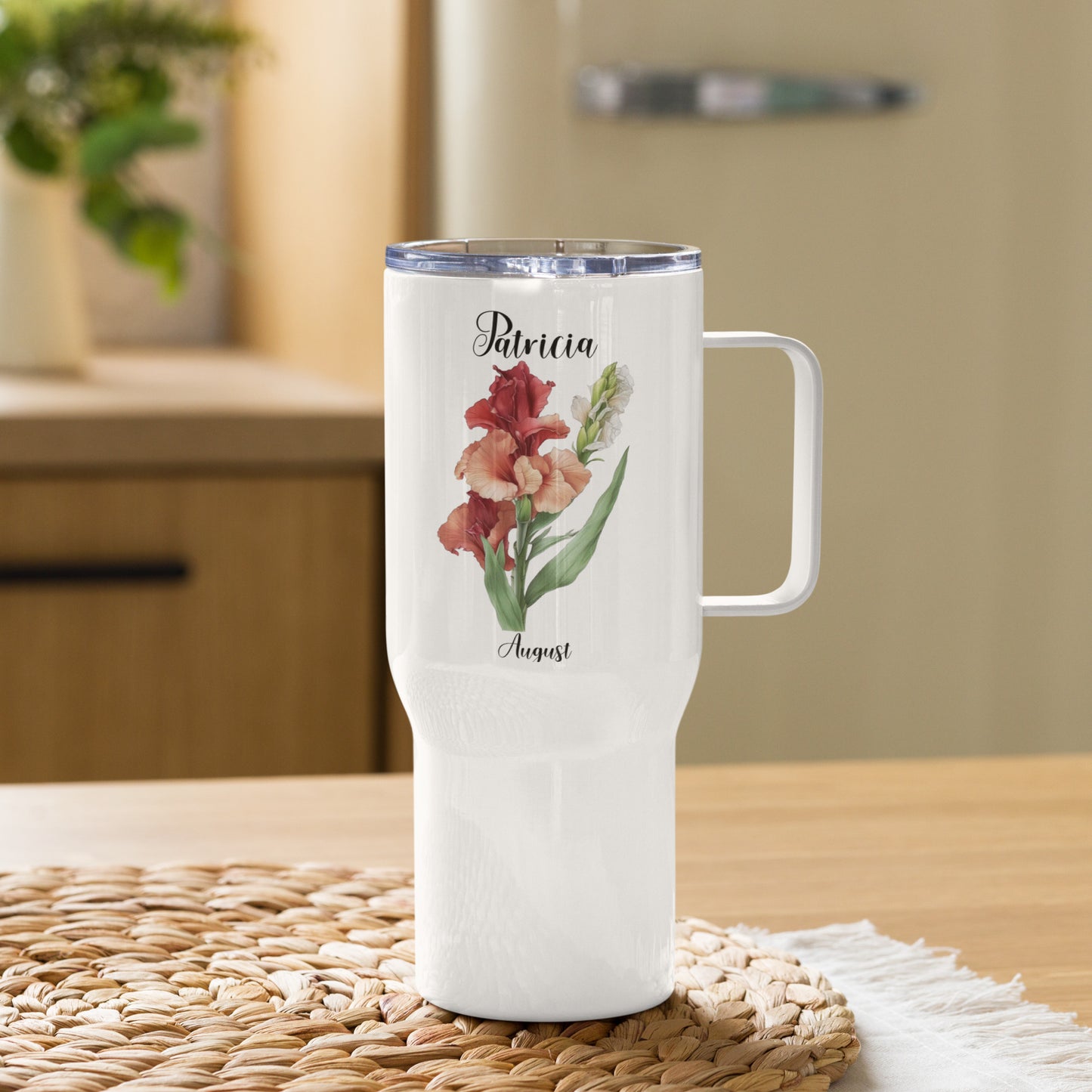 Personalized Name and Birth Month Flower Travel mug with a handle