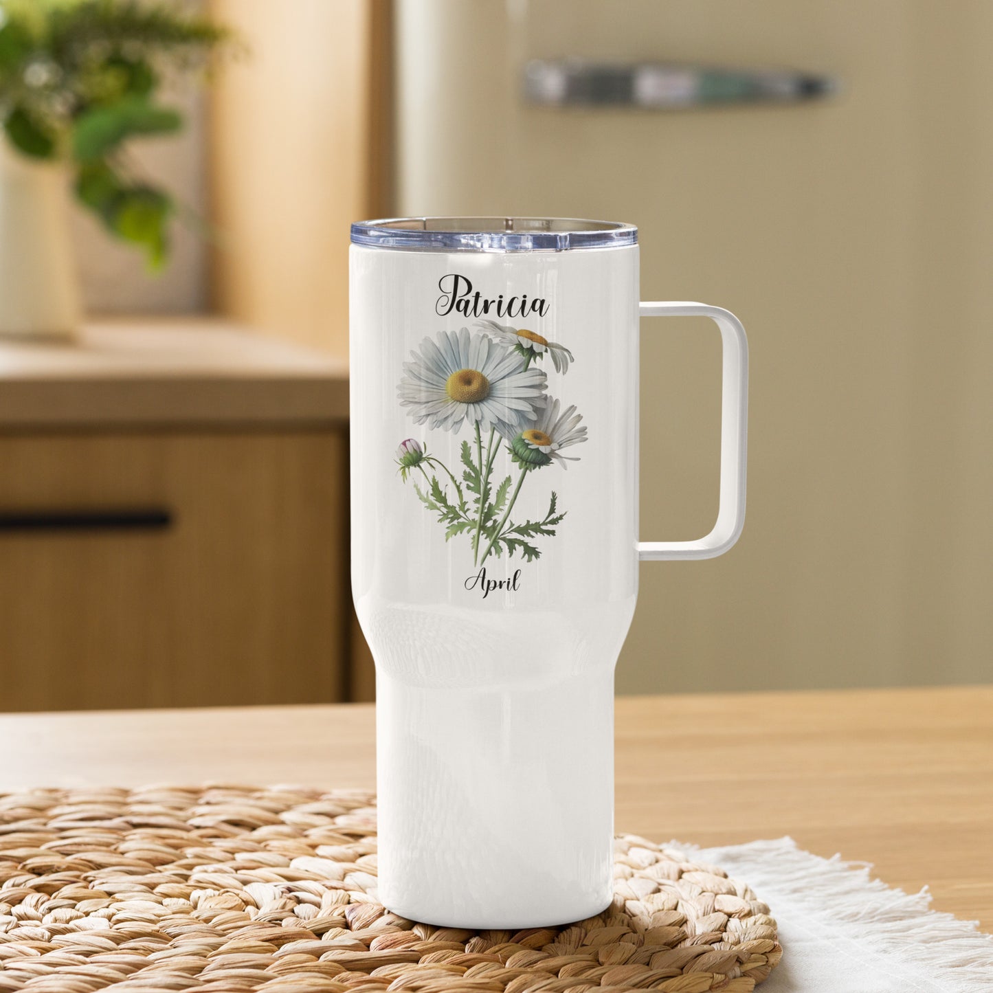Personalized Name and Birth Month Flower Travel mug with a handle