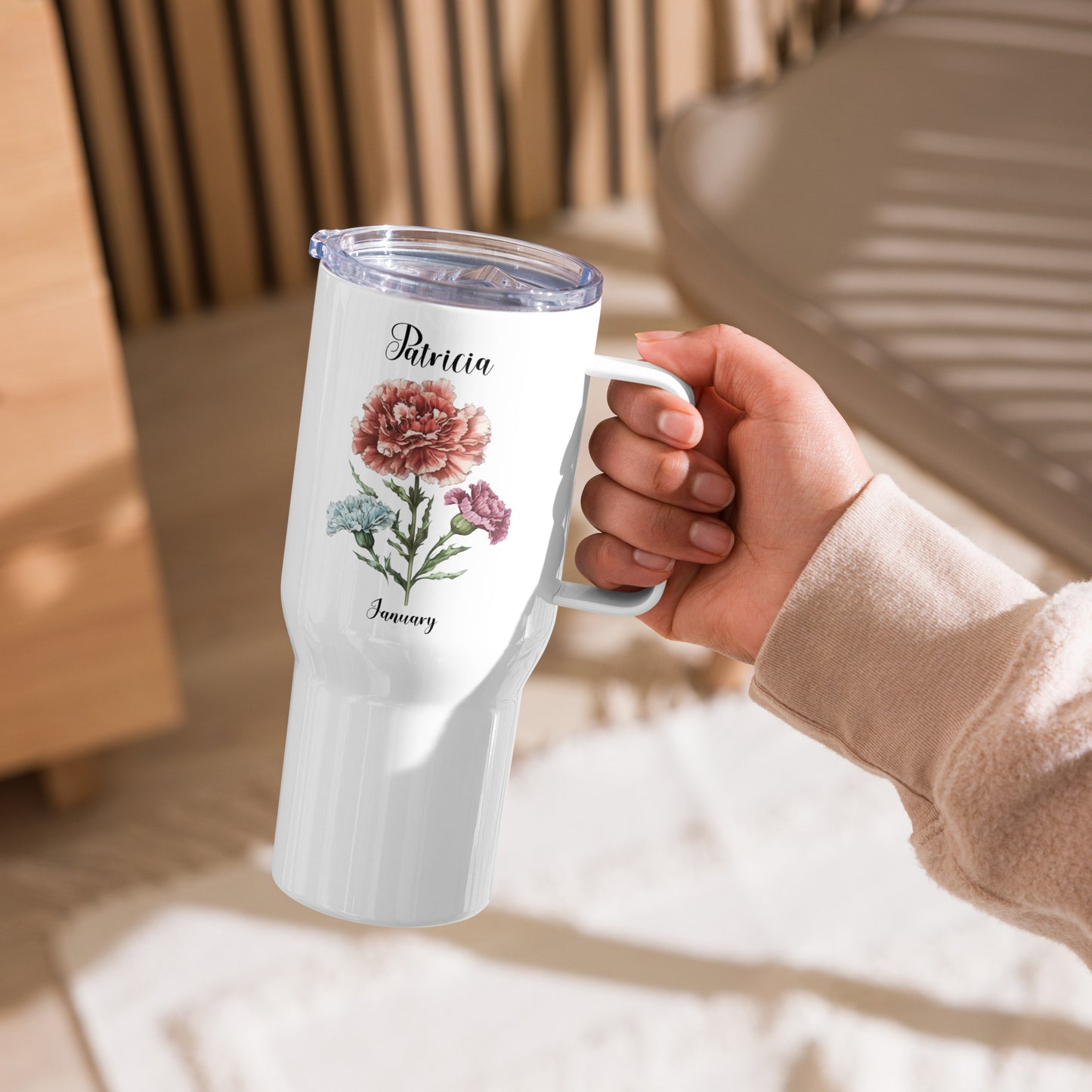Personalized Name and Birth Month Flower Travel mug with a handle