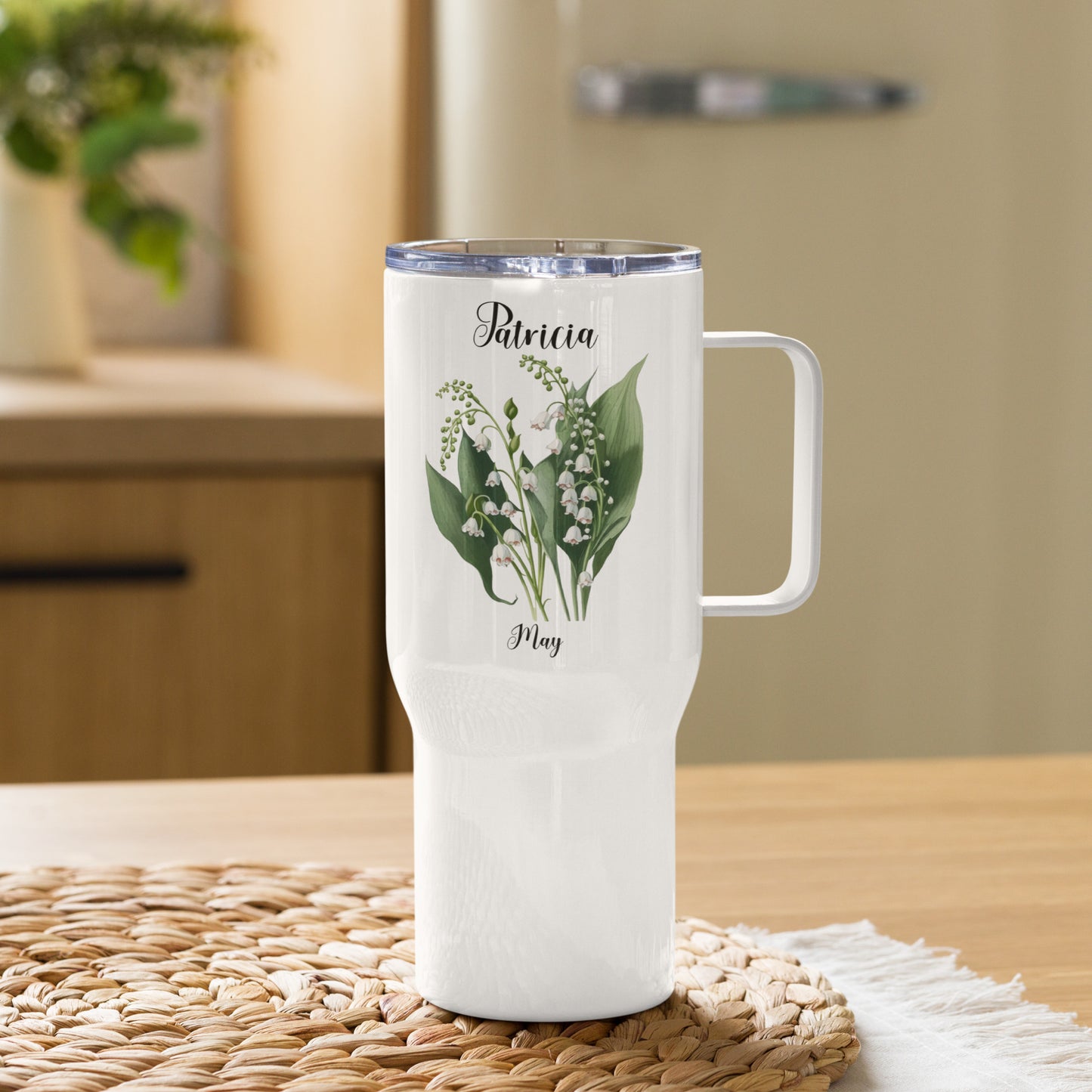 Personalized Name and Birth Month Flower Travel mug with a handle