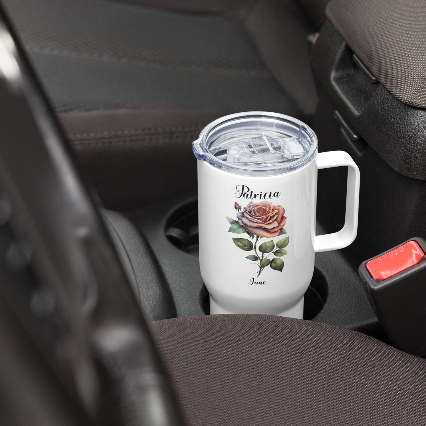 Personalized Name and Birth Month Flower Travel mug with a handle