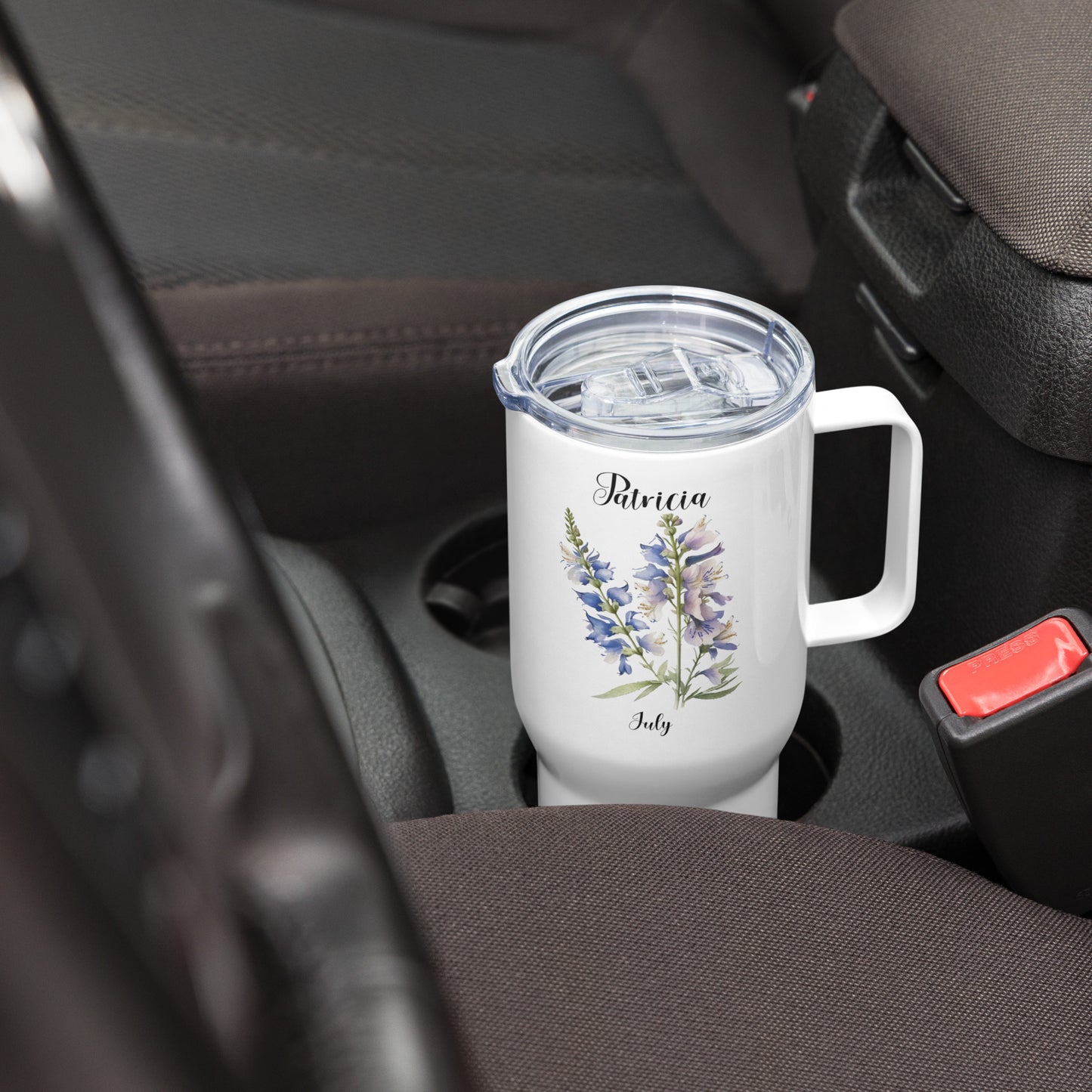 Personalized Name and Birth Month Flower Travel mug with a handle