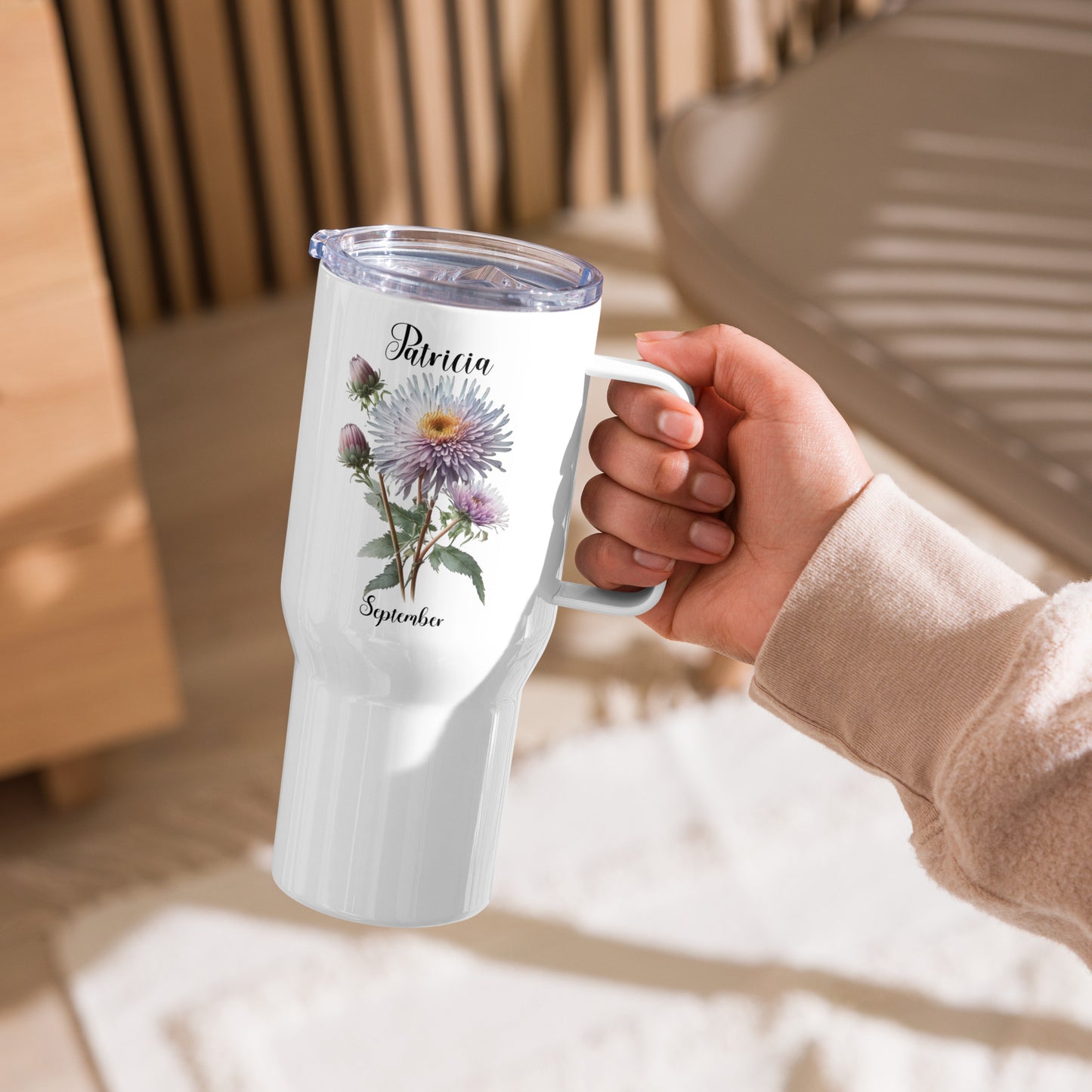 Personalized Name and Birth Month Flower Travel mug with a handle
