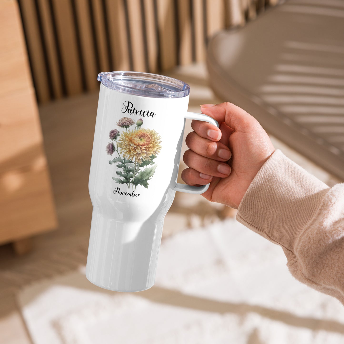 Personalized Name and Birth Month Flower Travel mug with a handle