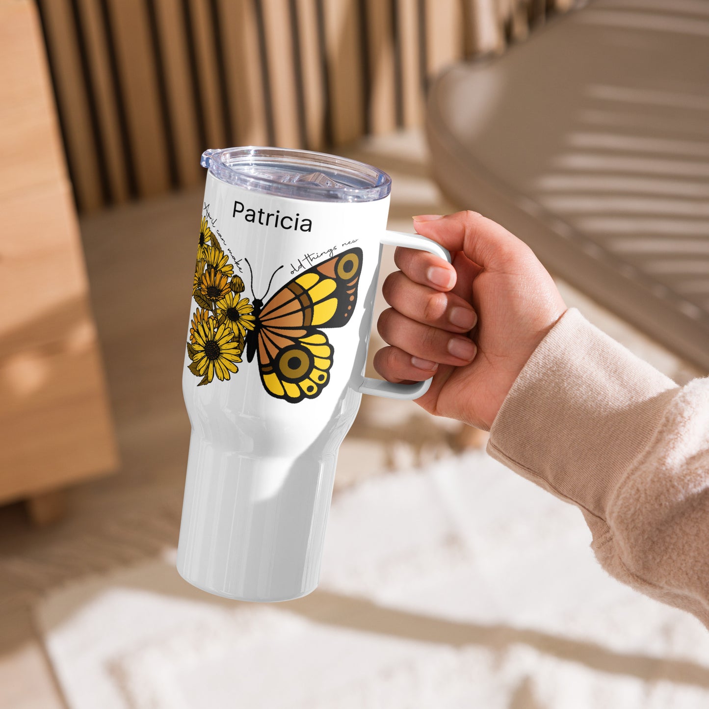 Personalized Name and Birth Month Flowering Butterfly Travel Mug with Handle