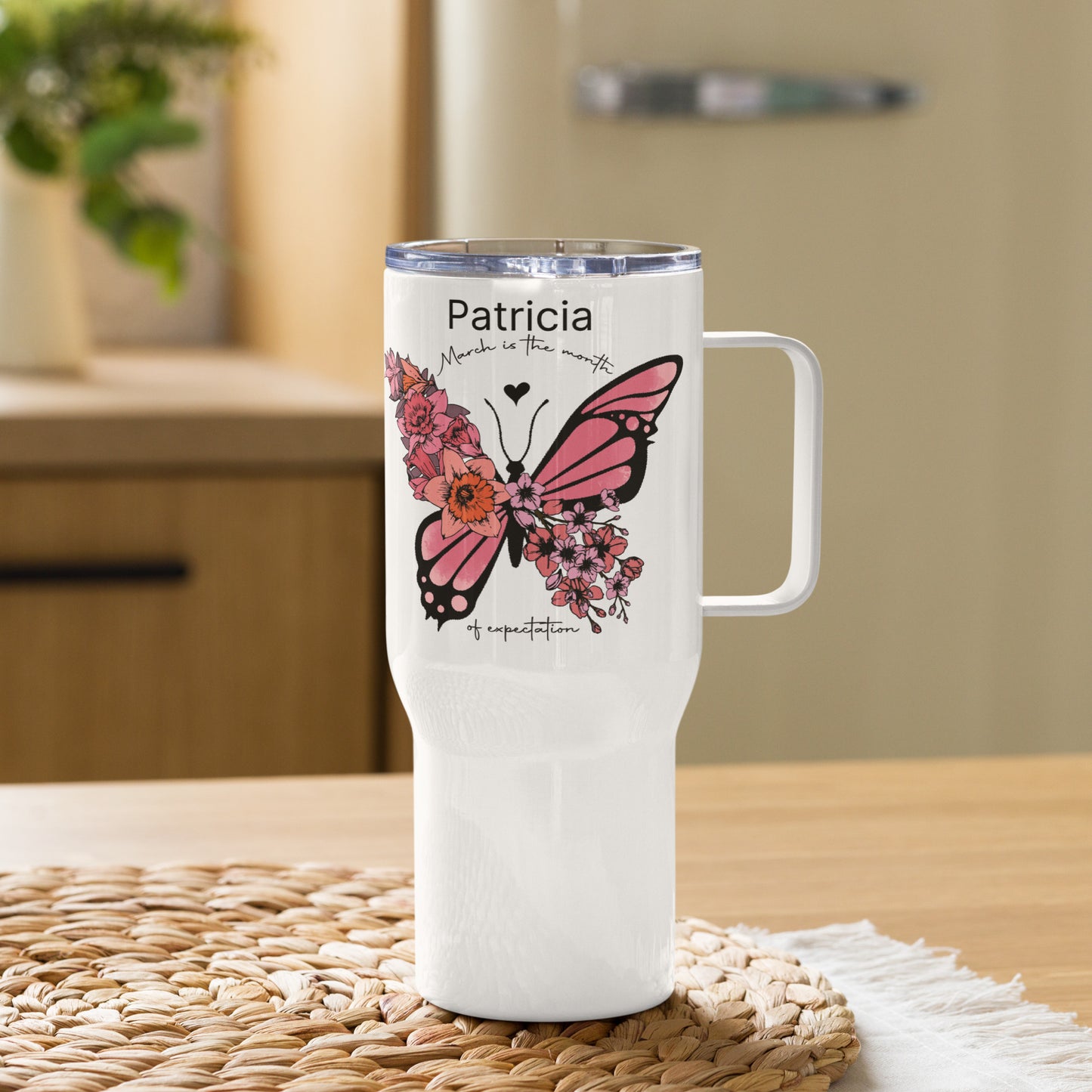 Personalized Name and Birth Month Flowering Butterfly Travel Mug with Handle