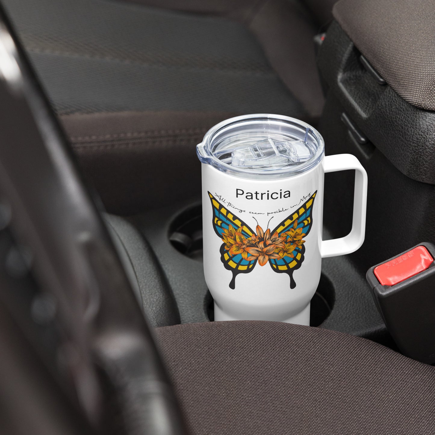 Personalized Name and Birth Month Flowering Butterfly Travel Mug with Handle