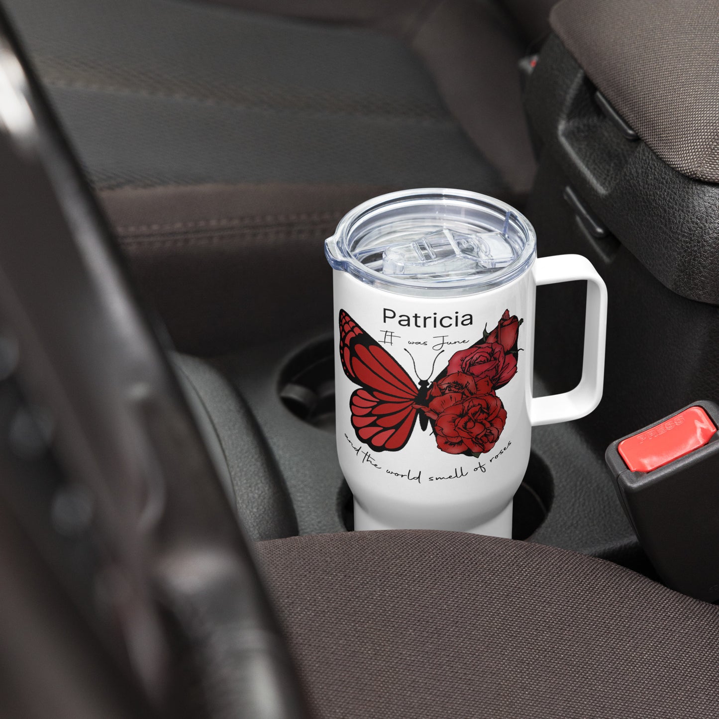 Personalized Name and Birth Month Flowering Butterfly Travel Mug with Handle