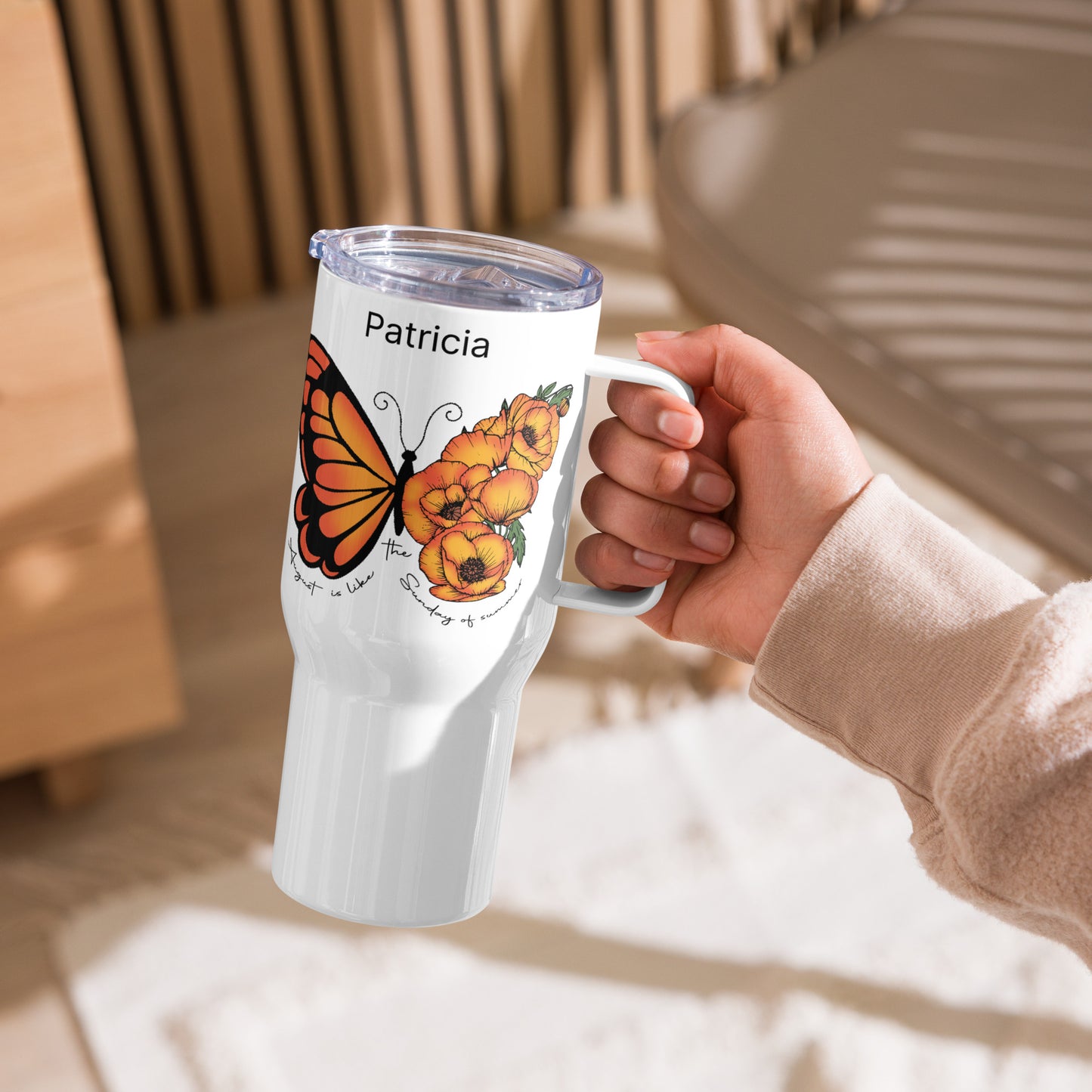 Personalized Name and Birth Month Flowering Butterfly Travel Mug with Handle