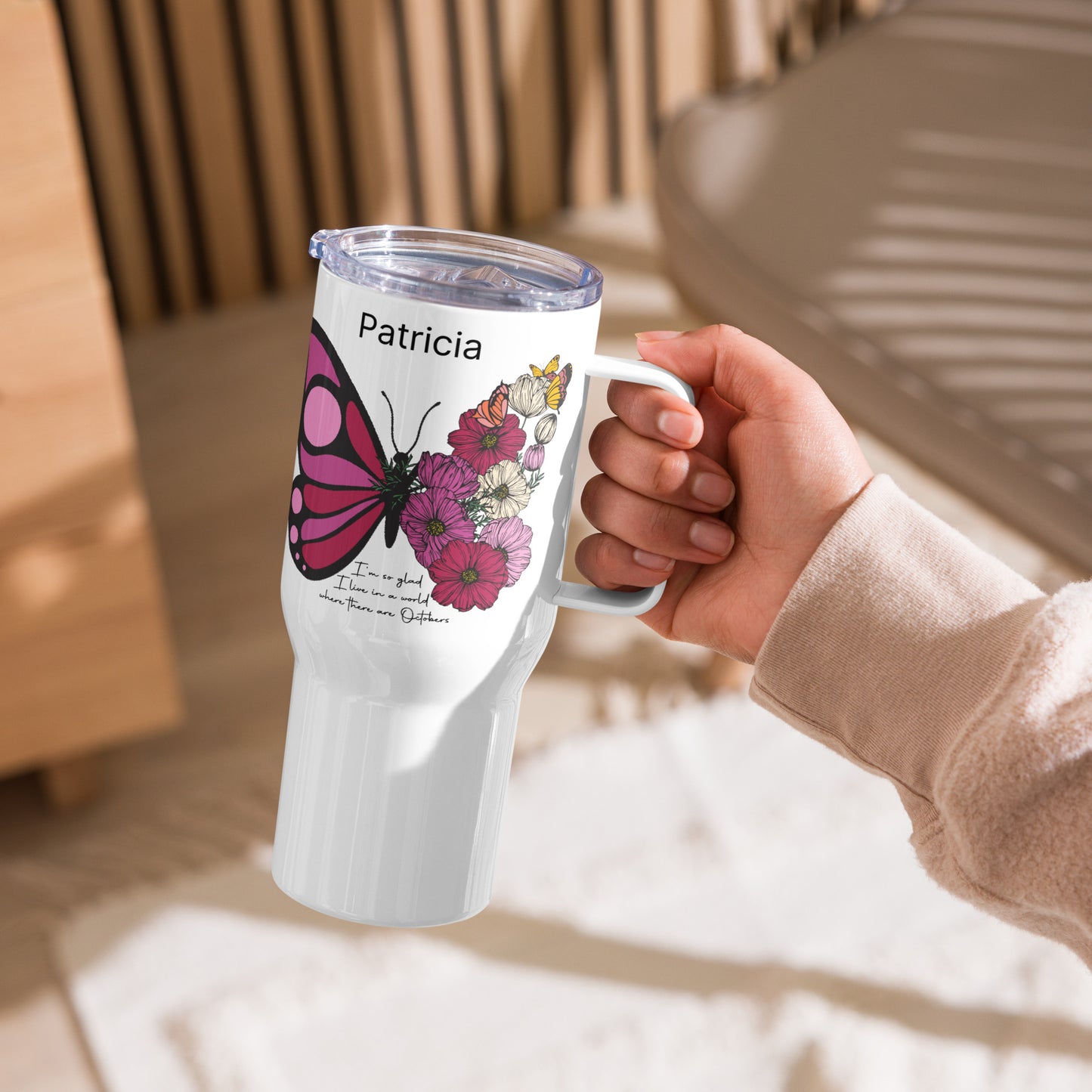 Personalized Name and Birth Month Flowering Butterfly Travel Mug with Handle