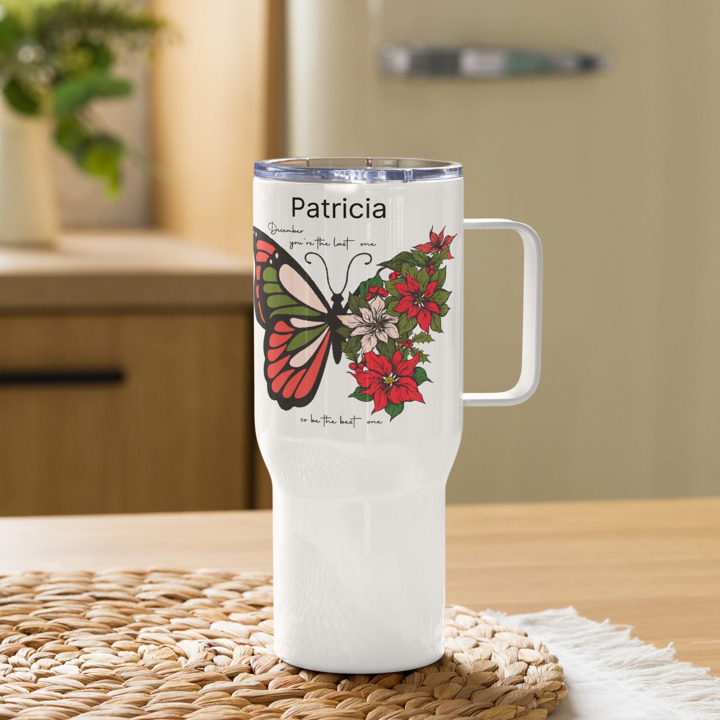 Personalized Name and Birth Month Flowering Butterfly Travel Mug with Handle