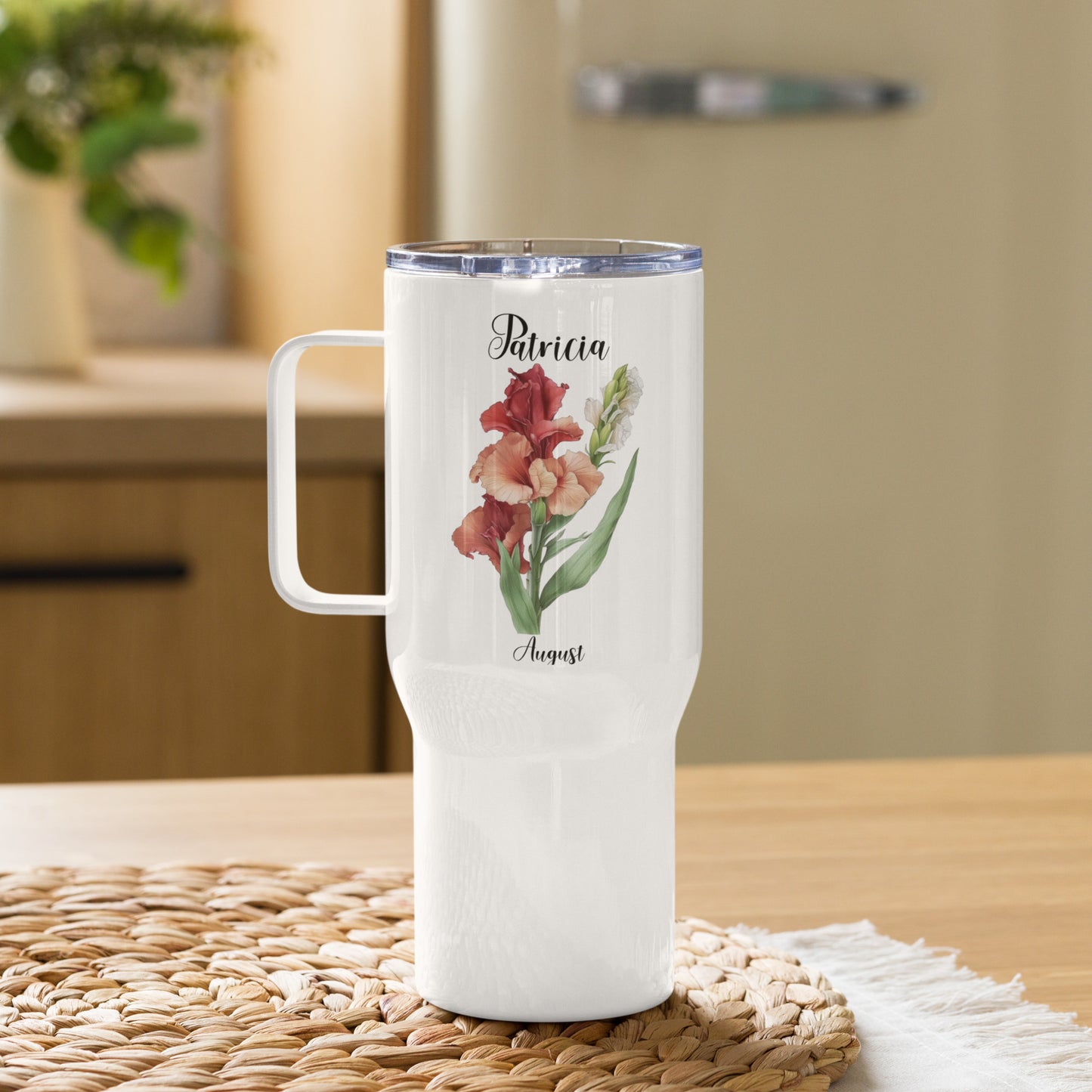 Personalized Name and Birth Month Flower Travel mug with a handle