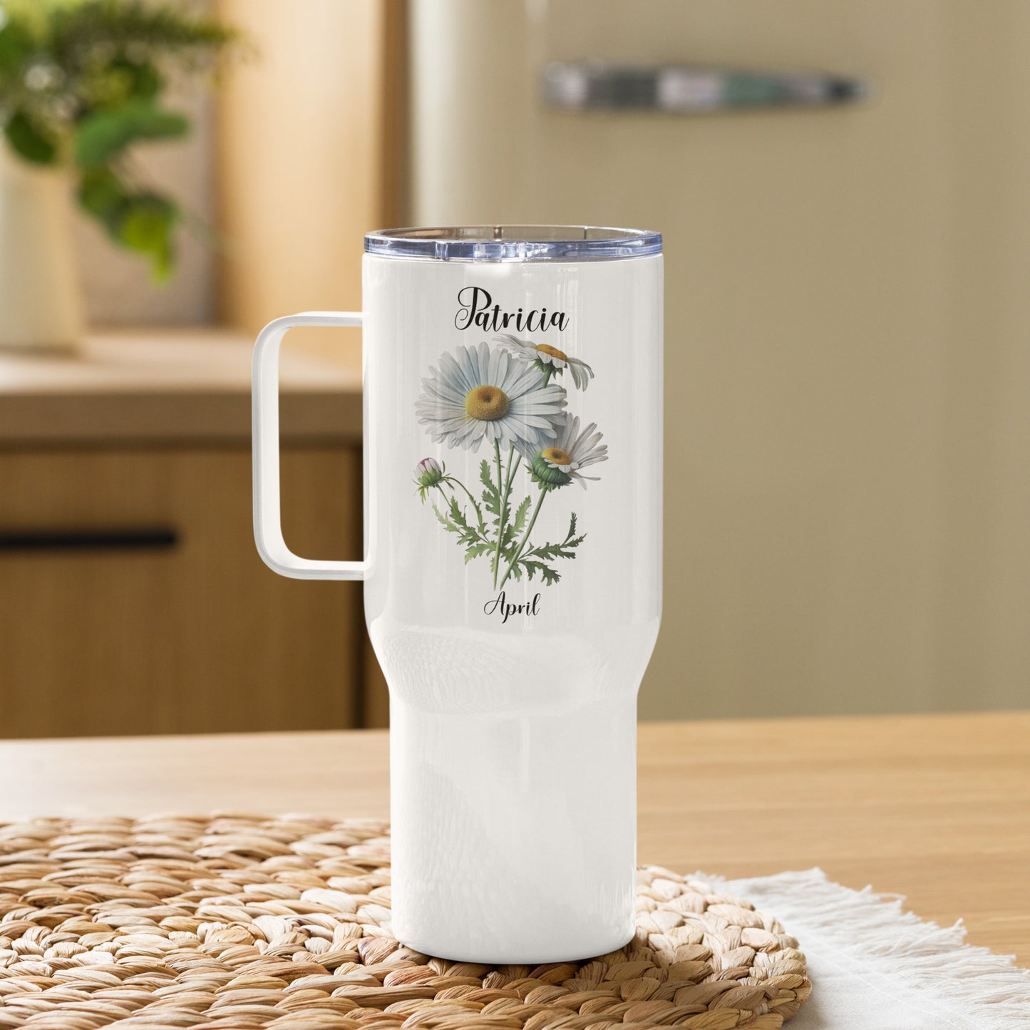 Personalized Name and Birth Month Flower Travel mug with a handle