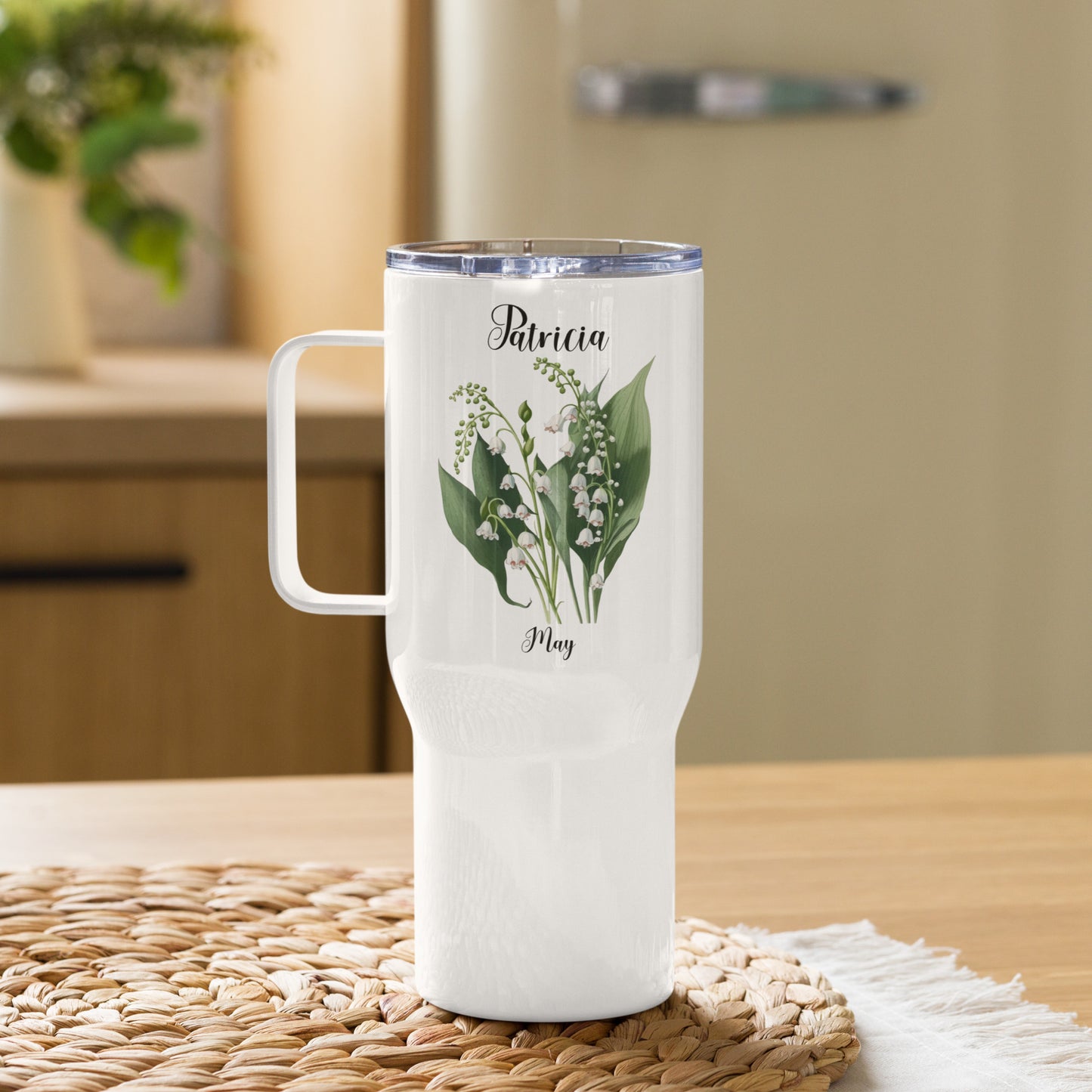 Personalized Name and Birth Month Flower Travel mug with a handle