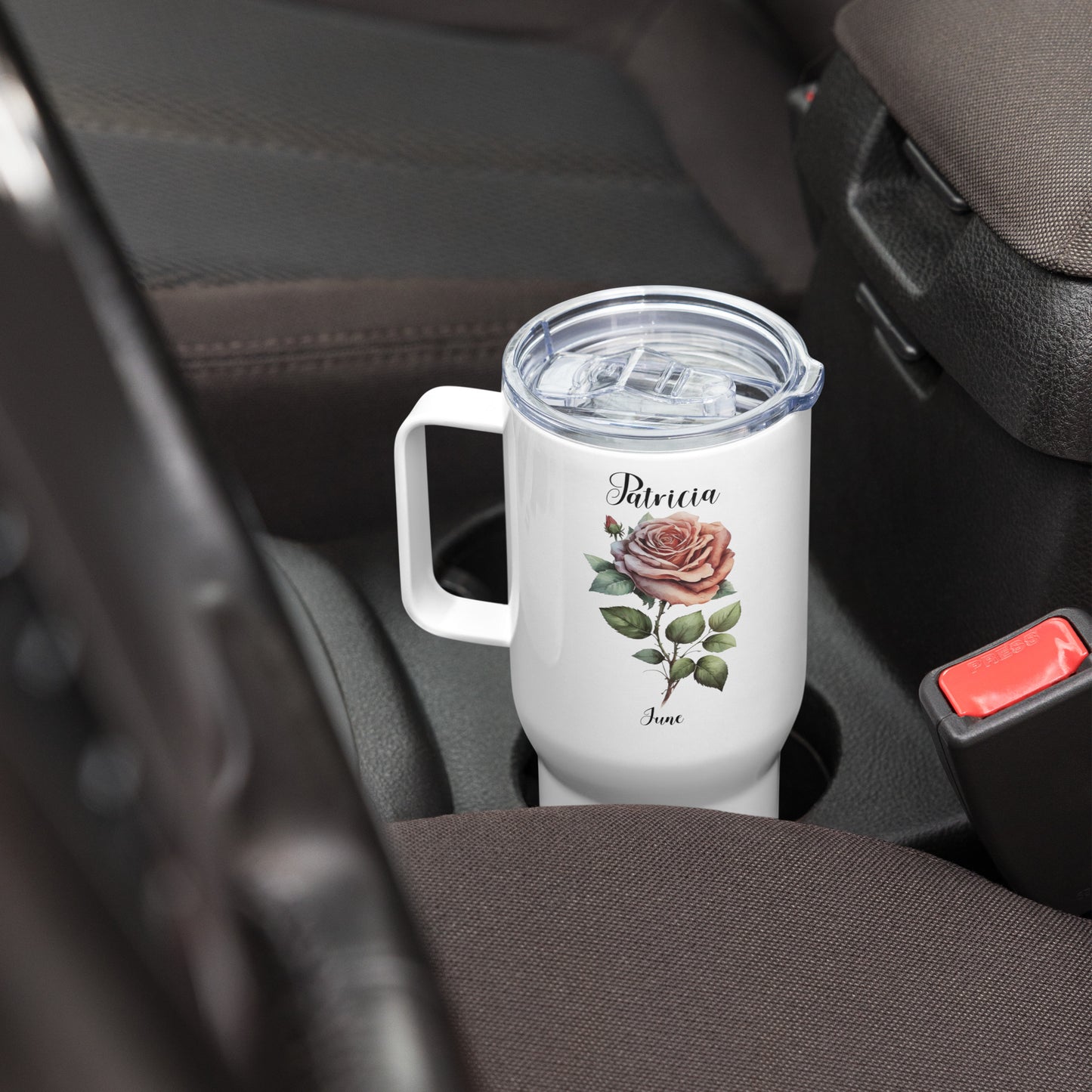 Personalized Name and Birth Month Flower Travel mug with a handle