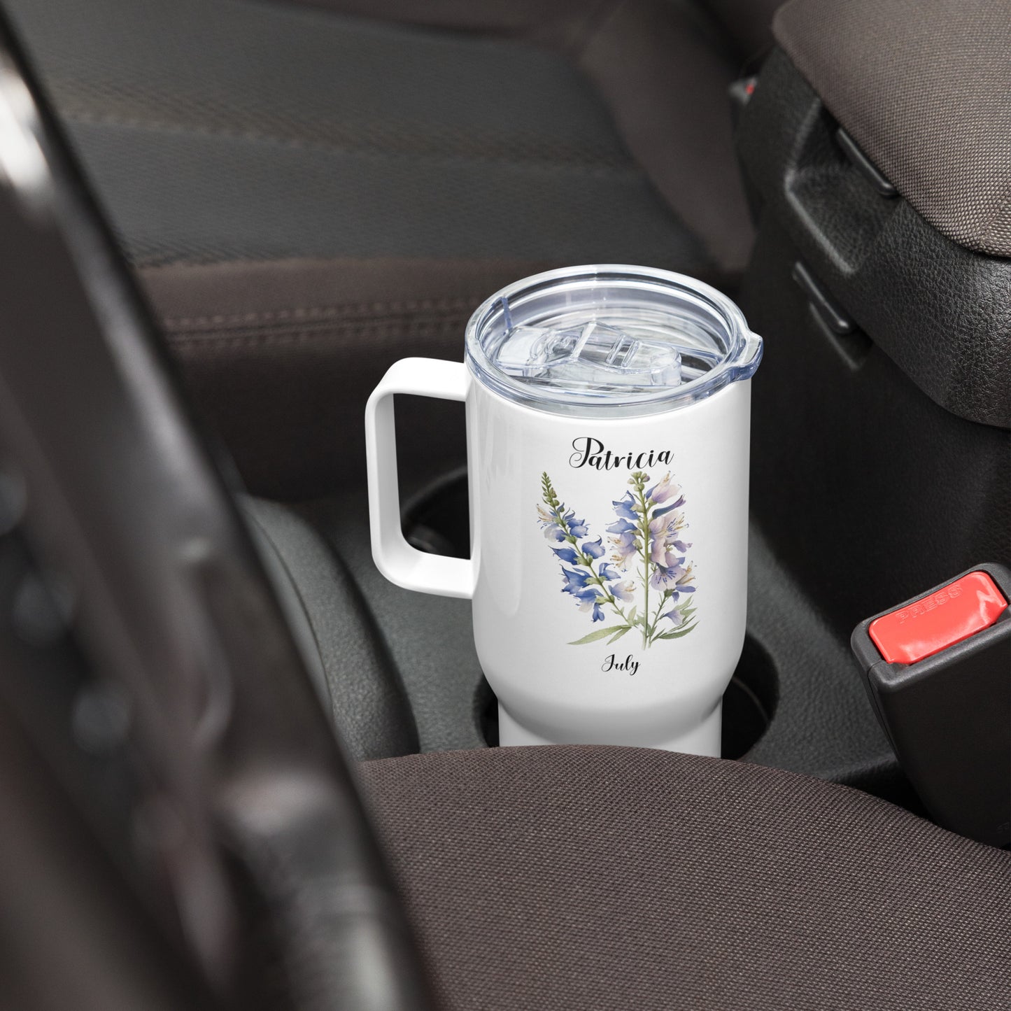 Personalized Name and Birth Month Flower Travel mug with a handle