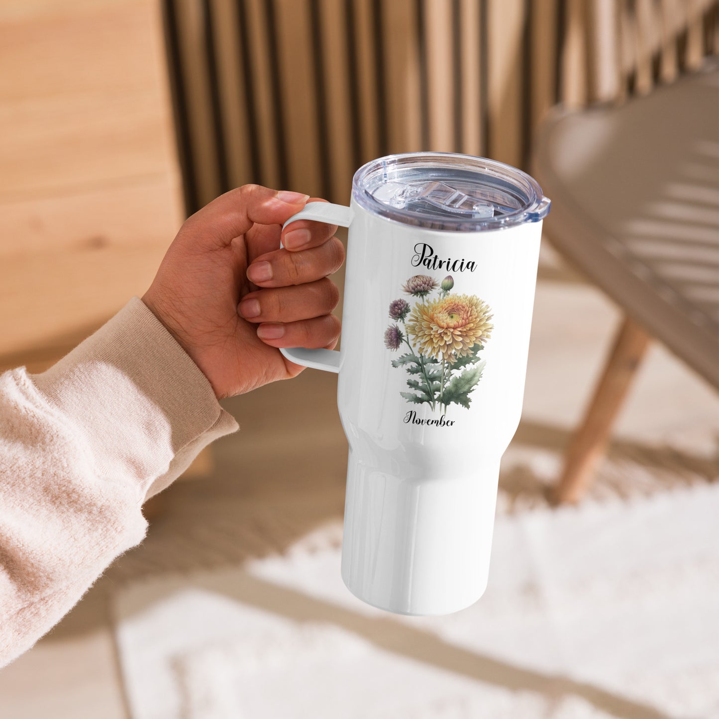 Personalized Name and Birth Month Flower Travel mug with a handle