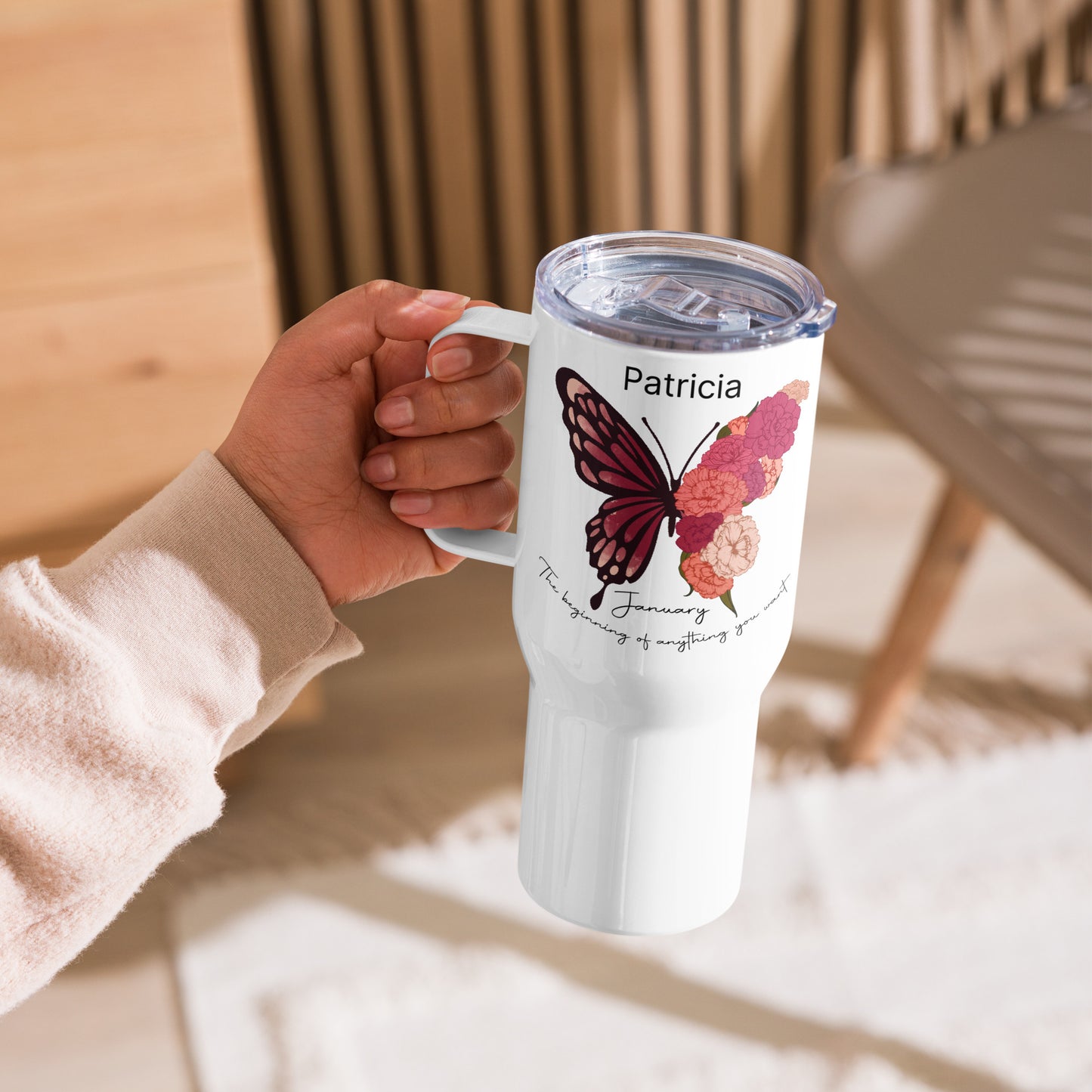 Personalized Name and Birth Month Flowering Butterfly Travel Mug with Handle