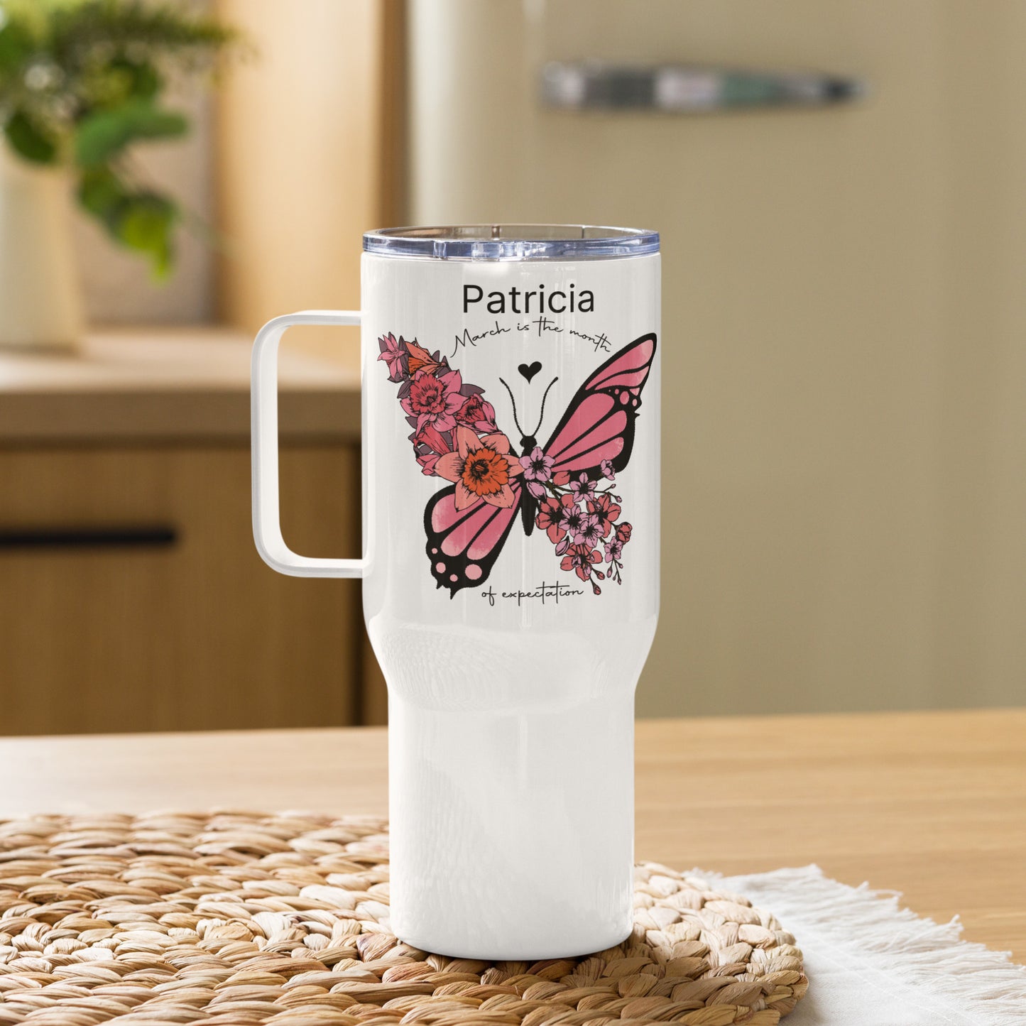Personalized Name and Birth Month Flowering Butterfly Travel Mug with Handle