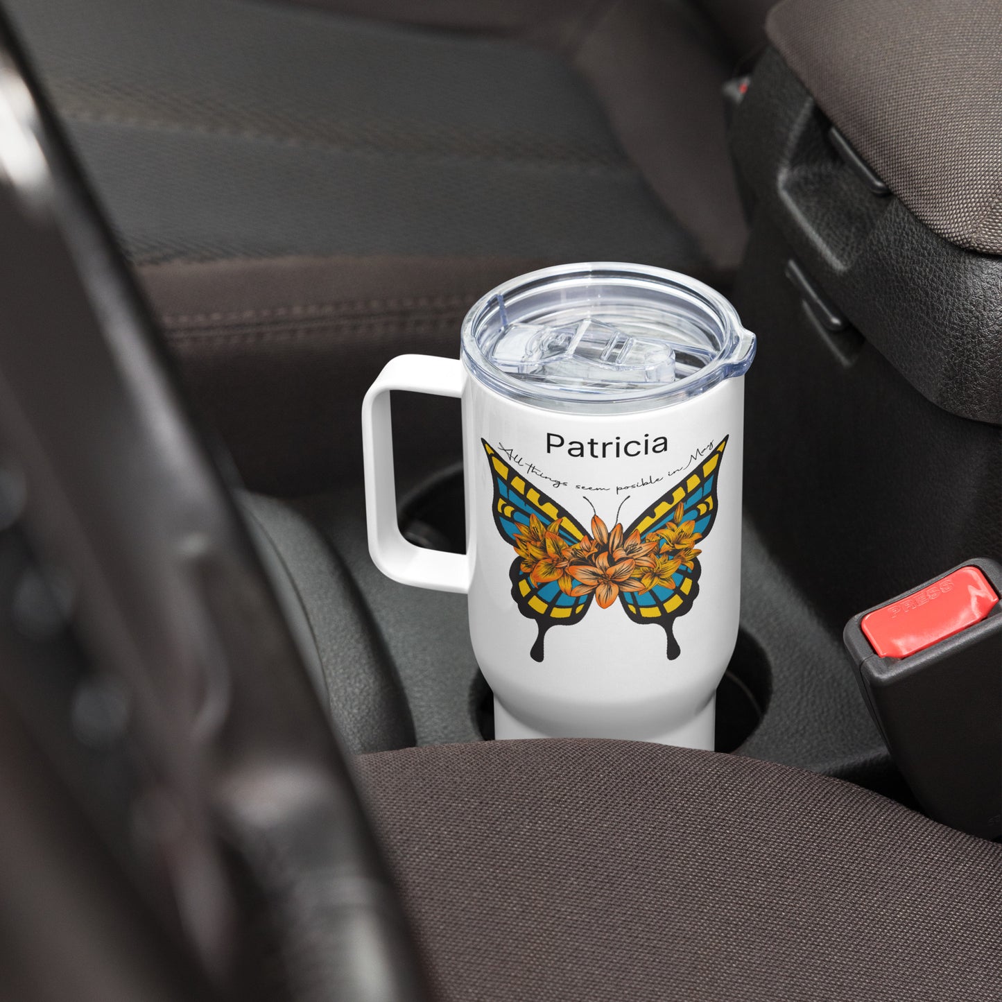 Personalized Name and Birth Month Flowering Butterfly Travel Mug with Handle
