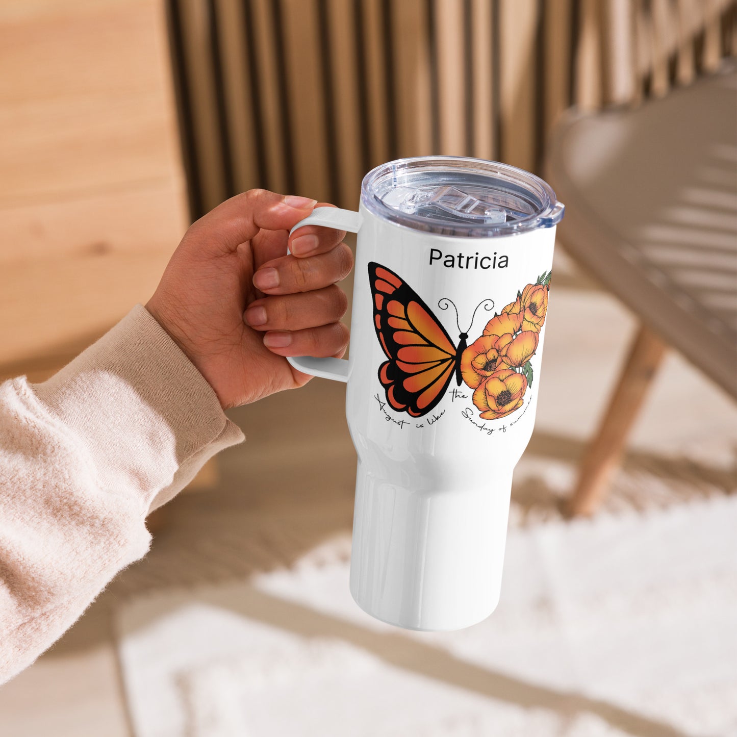Personalized Name and Birth Month Flowering Butterfly Travel Mug with Handle
