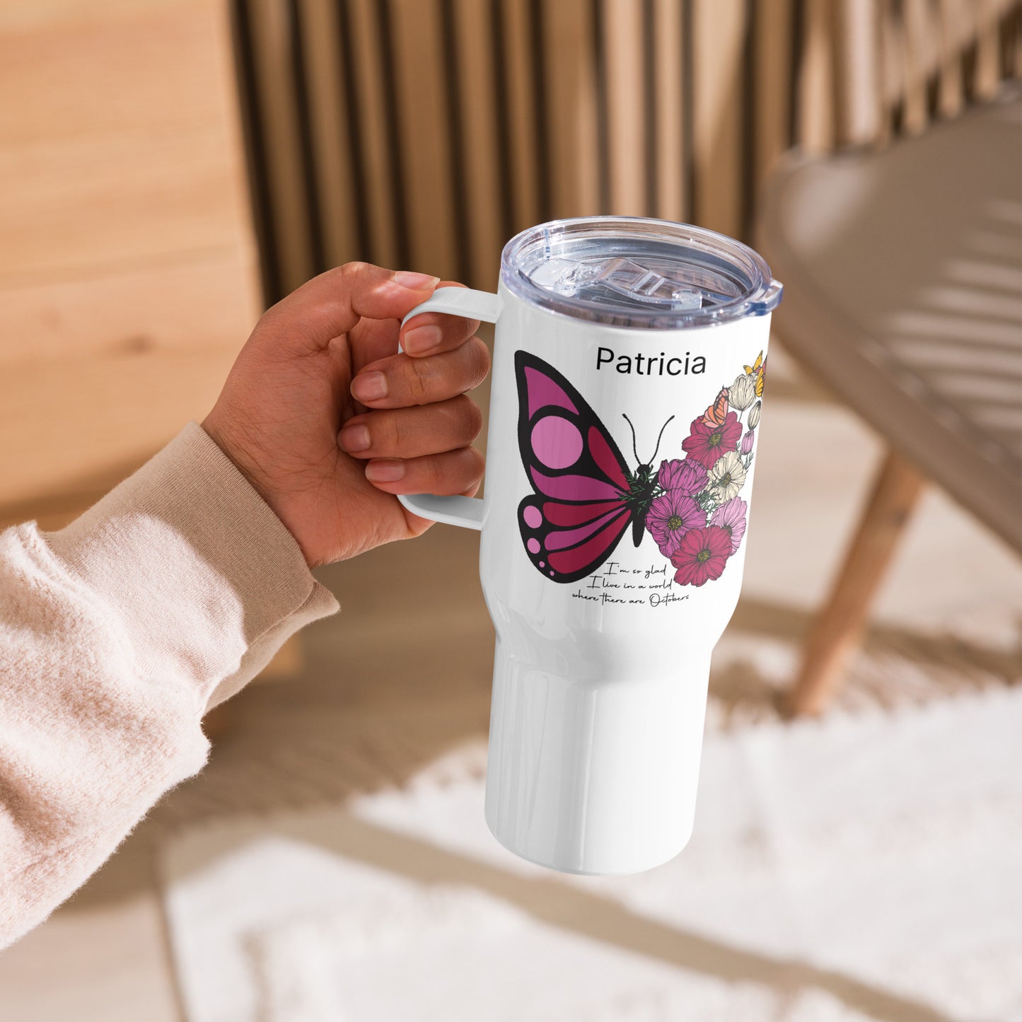 Personalized Name and Birth Month Flowering Butterfly Travel Mug with Handle