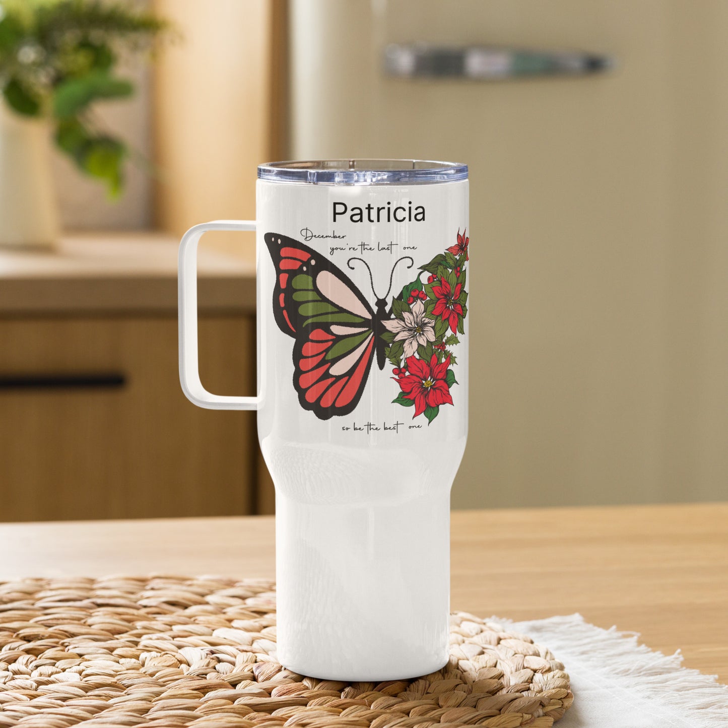 Personalized Name and Birth Month Flowering Butterfly Travel Mug with Handle