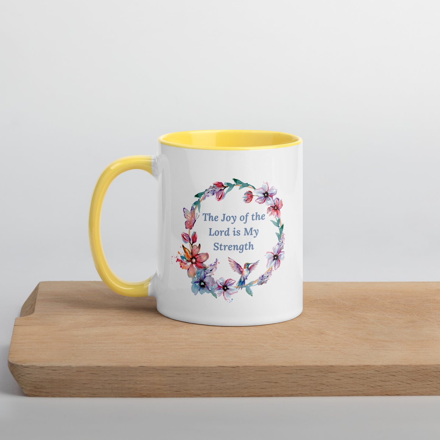 The Joy of the Lord With Flowers and Butterflies Mug With Color Inside