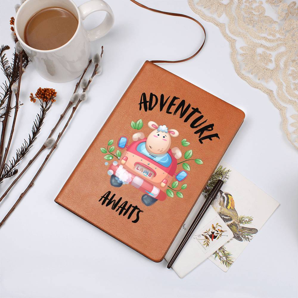 Adventure Awaits Vegan Leather Travel Journal with cartoon image of pig inside a car and green leaves around