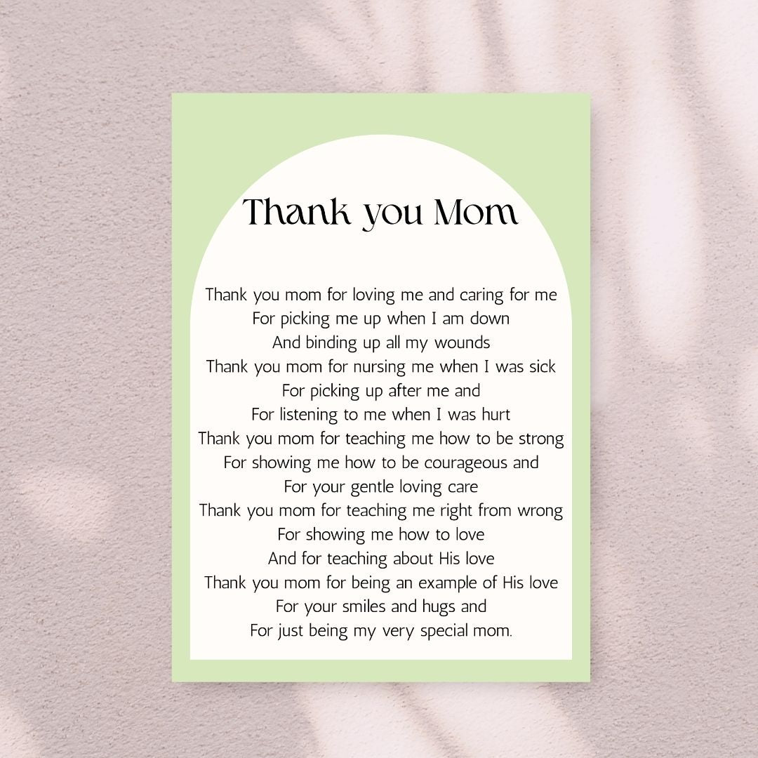 Thank You Mom Message On Printable Mothers Day Card With Mother's Day Poetry Gifts For Mother's Day