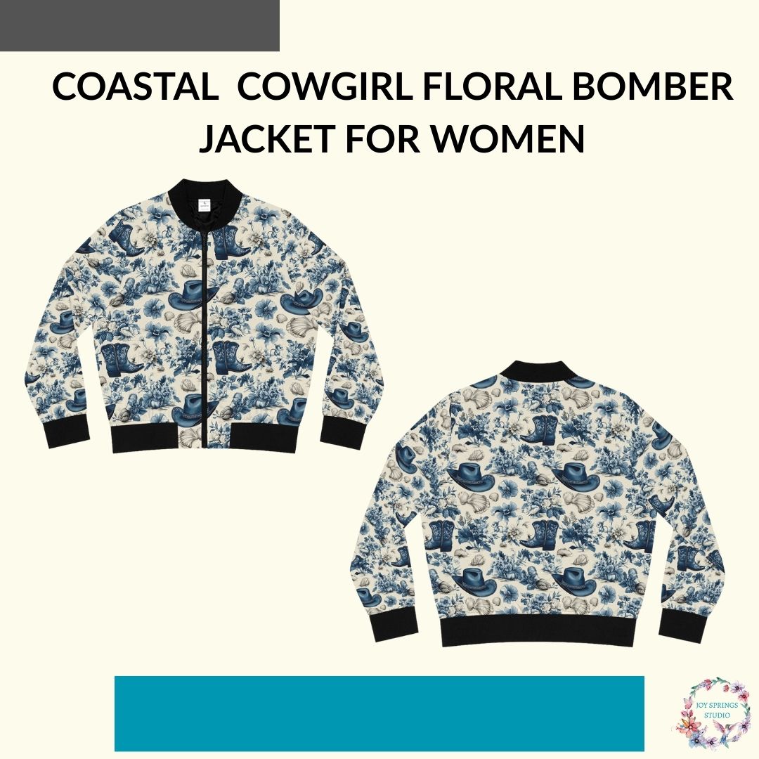 Blue Coastal Cowgirl Floral Print Fashionable Bomber Jacket For Women - Stylish And Chic Outwear For All Seasons