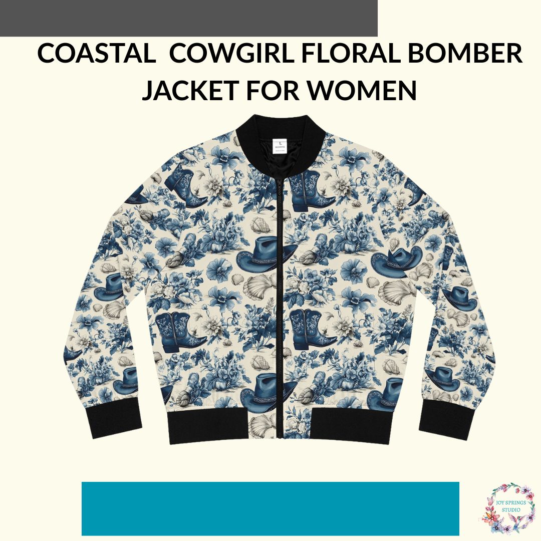 Blue Coastal Cowgirl Floral Print Fashionable Bomber Jacket For Women - Stylish And Chic Outwear For All Seasons