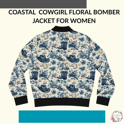 Blue Coastal Cowgirl Floral Print Fashionable Bomber Jacket For Women - Stylish And Chic Outwear For All Seasons