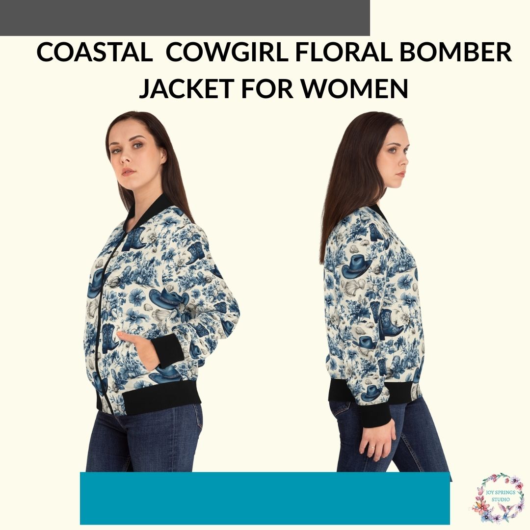 Blue Coastal Cowgirl Floral Print Fashionable Bomber Jacket For Women - Stylish And Chic Outwear For All Seasons