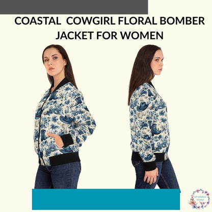 Blue Coastal Cowgirl Floral Print Fashionable Bomber Jacket For Women - Stylish And Chic Outwear For All Seasons