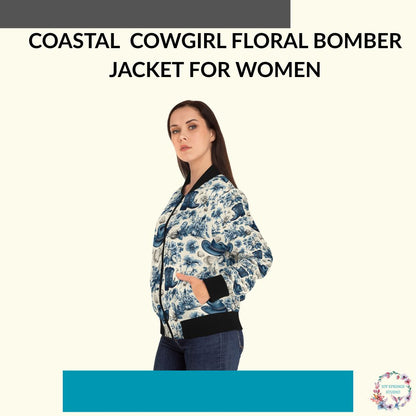 Blue Coastal Cowgirl Floral Print Fashionable Bomber Jacket For Women - Stylish And Chic Outwear For All Seasons